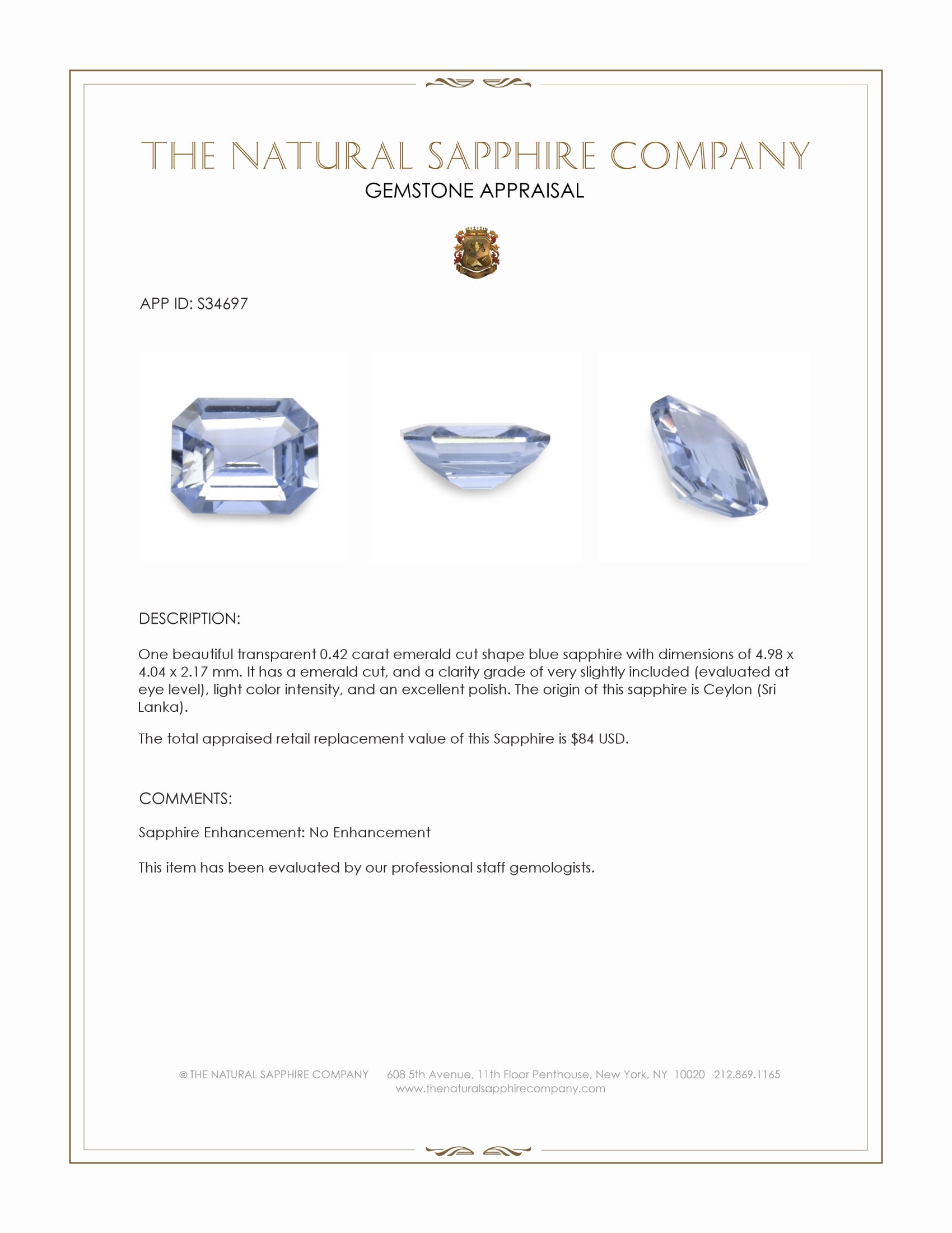 0.42 Ct. Blue Sapphire from Ceylon (Sri Lanka)