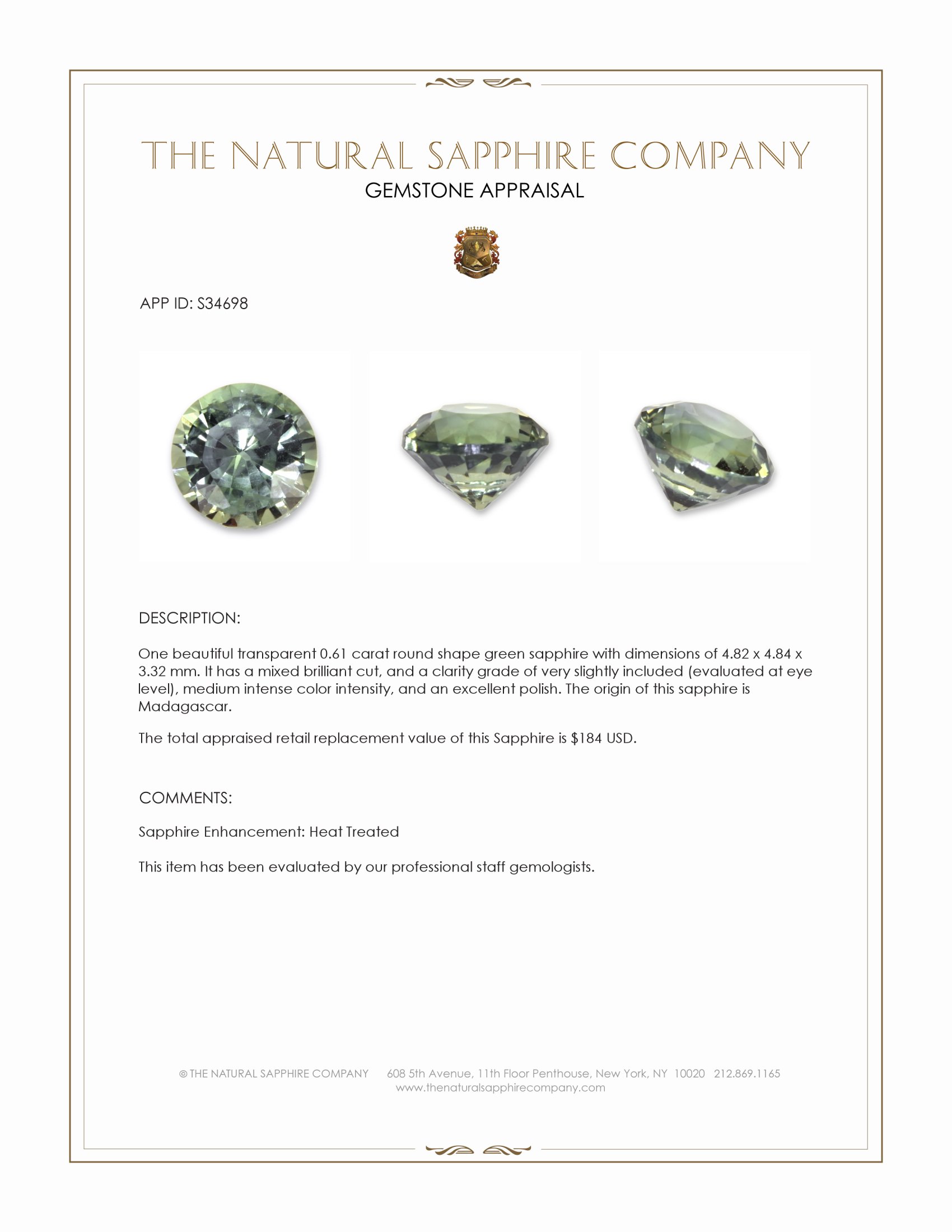0.61 Ct. Green Sapphire from Madagascar