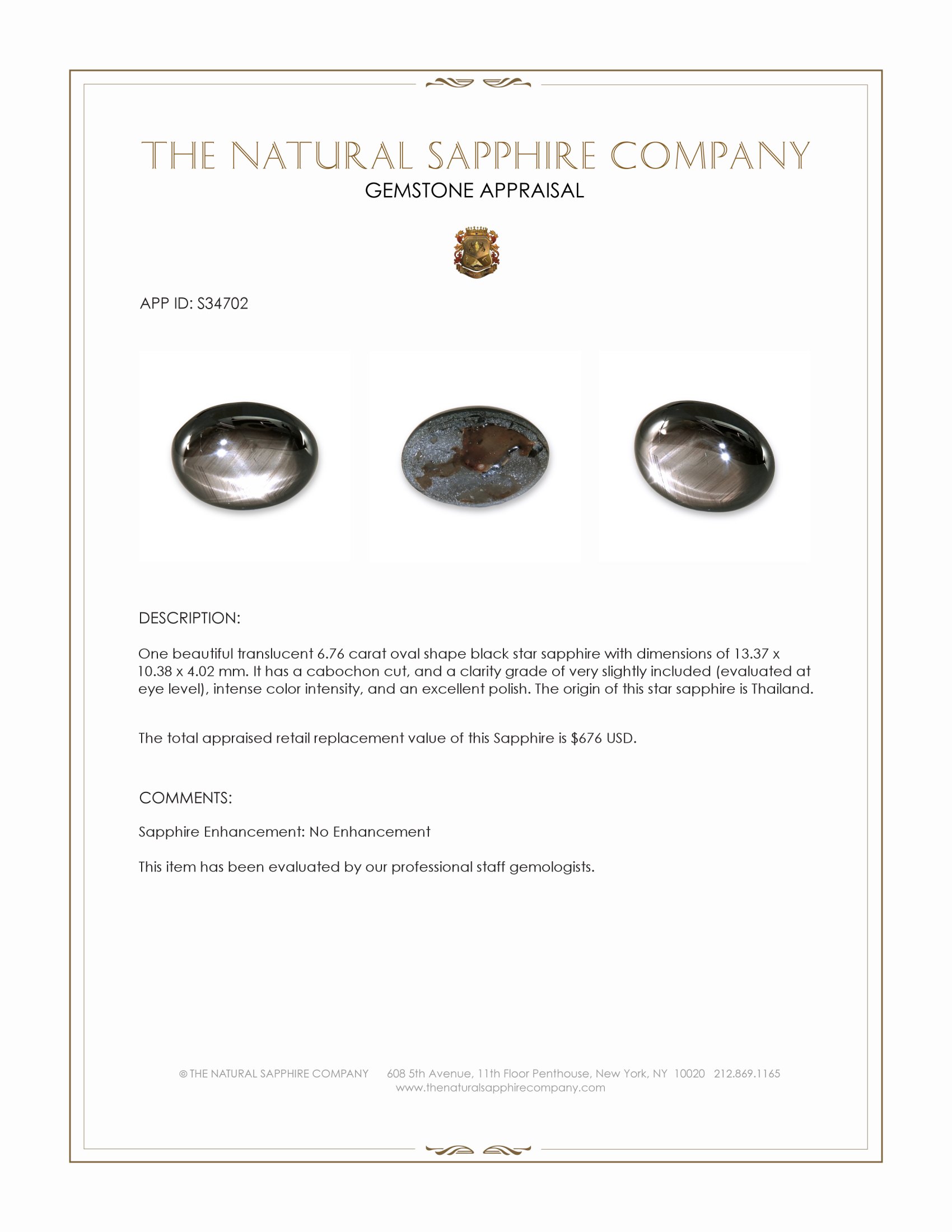 6.76 Ct. Black Star Sapphire from Thailand