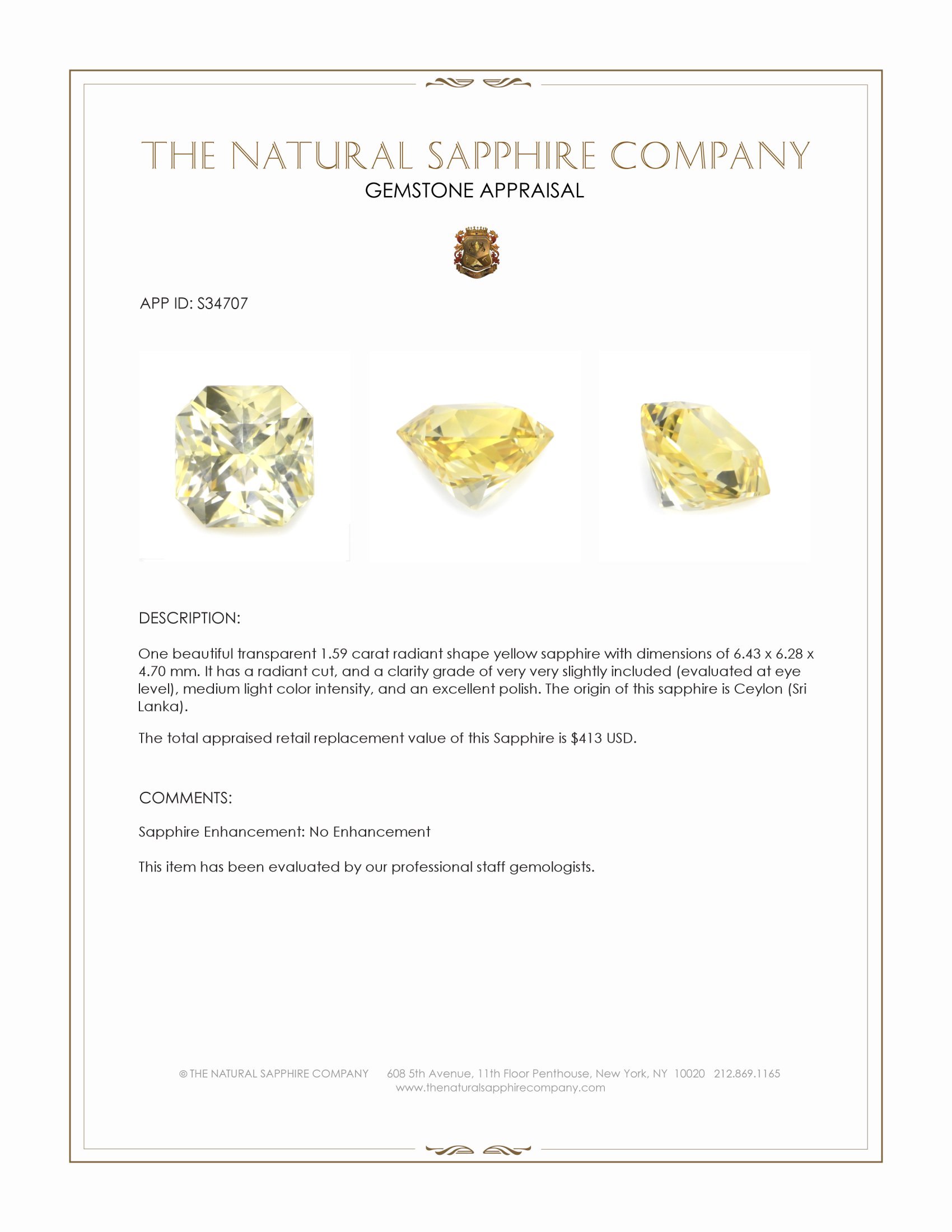 1.59 Ct. Yellow Sapphire from Ceylon (Sri Lanka)
