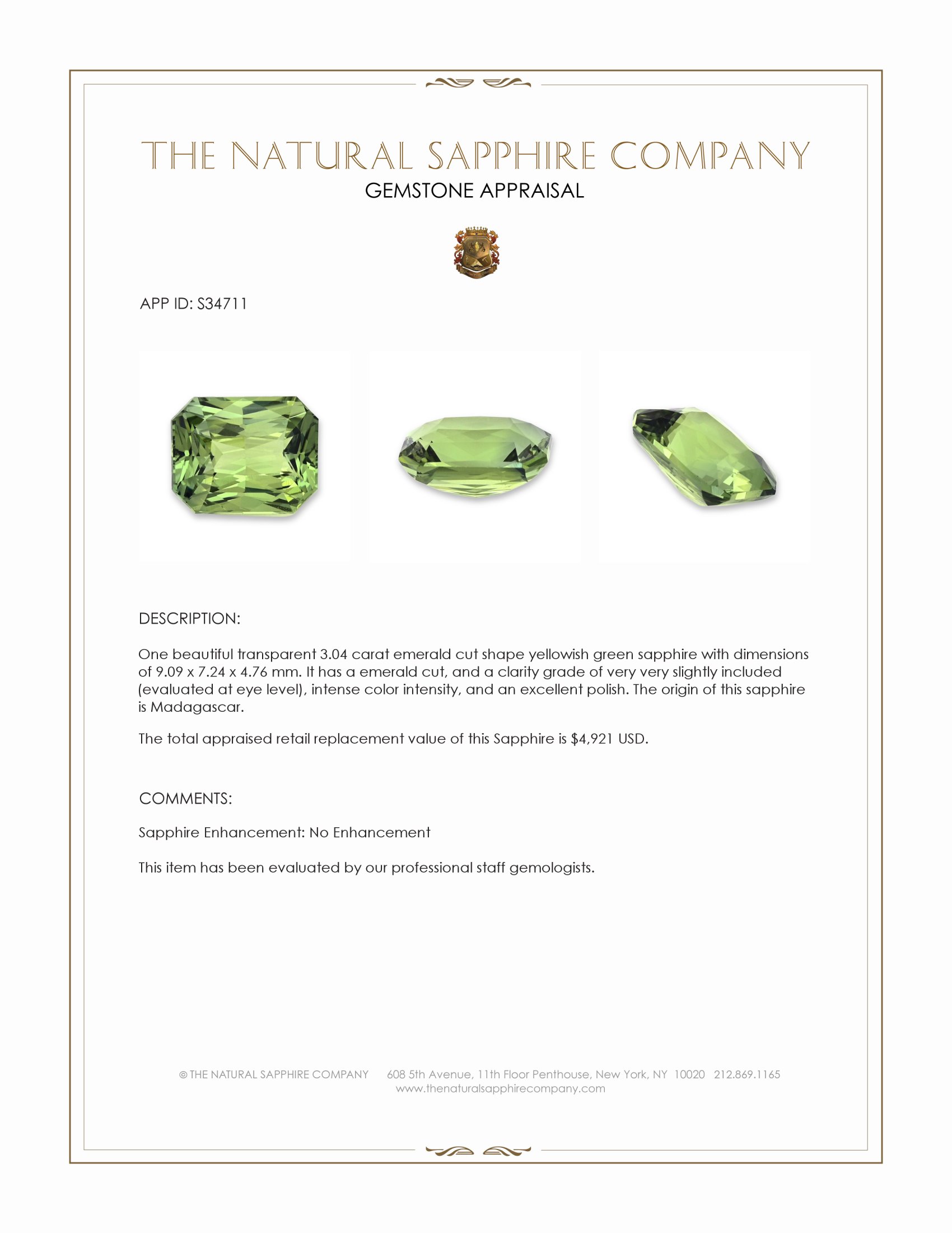3.04 Ct. Yellowish Green Sapphire from Madagascar