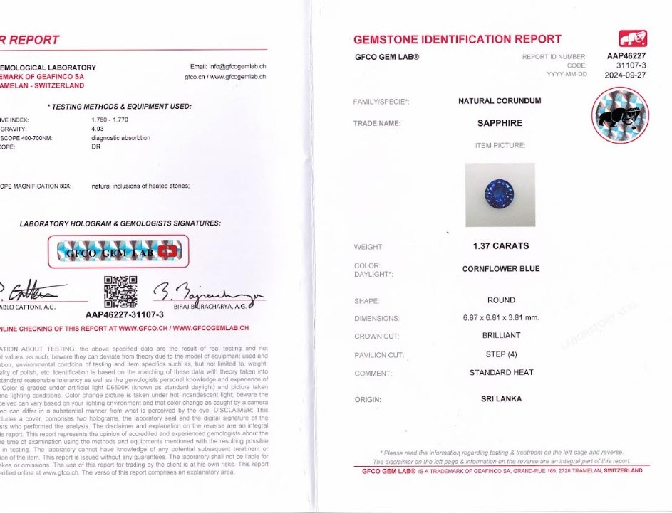 1.37 Ct. Blue Sapphire from Ceylon (Sri Lanka)