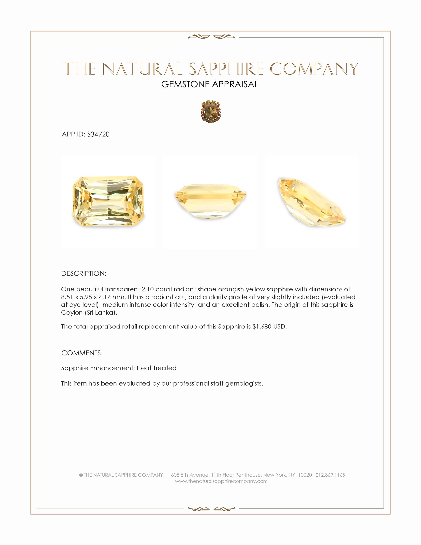 2.10 Ct. Orangish Yellow Sapphire from Ceylon (Sri Lanka)