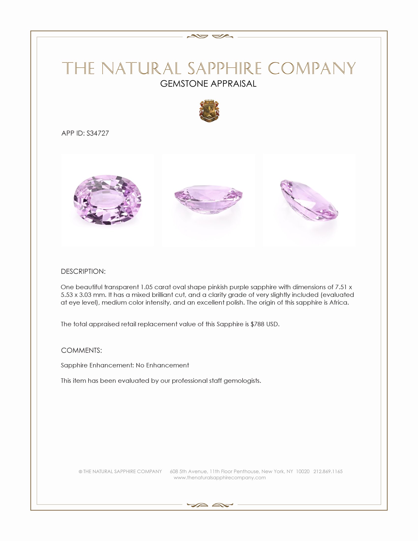 1.05 Ct. Pinkish Purple Sapphire from Africa