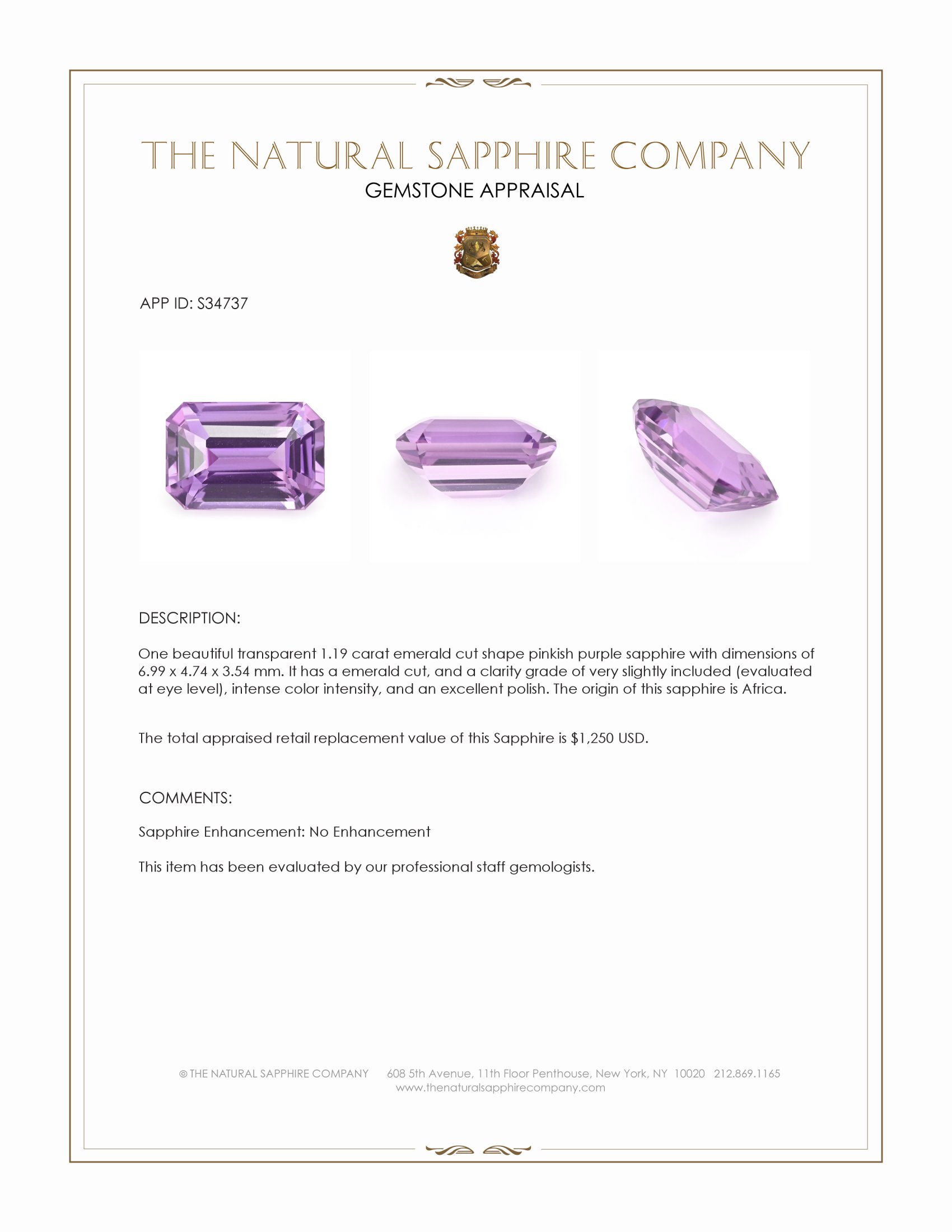 1.19 Ct. Pinkish Purple Sapphire from Africa