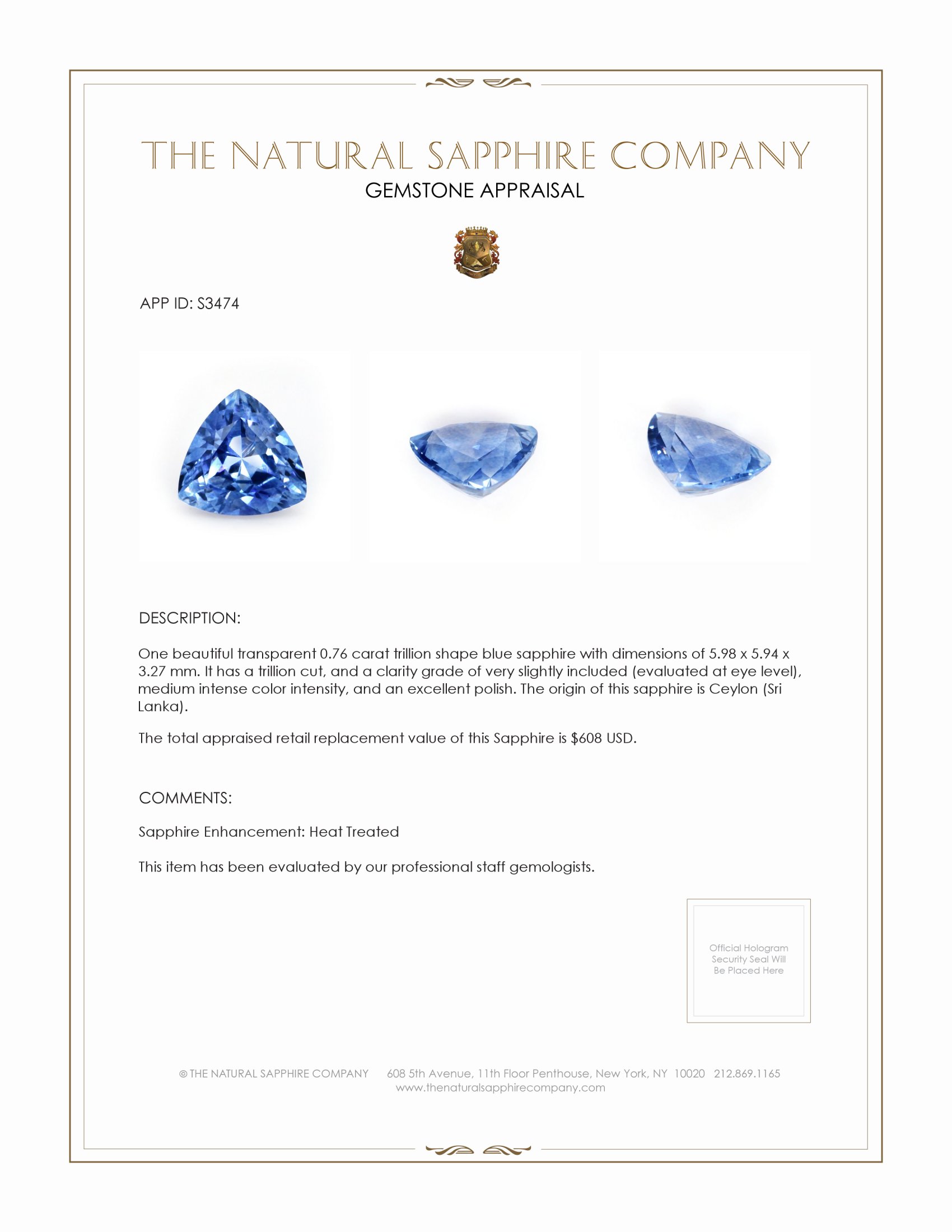 0.76 Ct. Blue Sapphire from Ceylon (Sri Lanka)