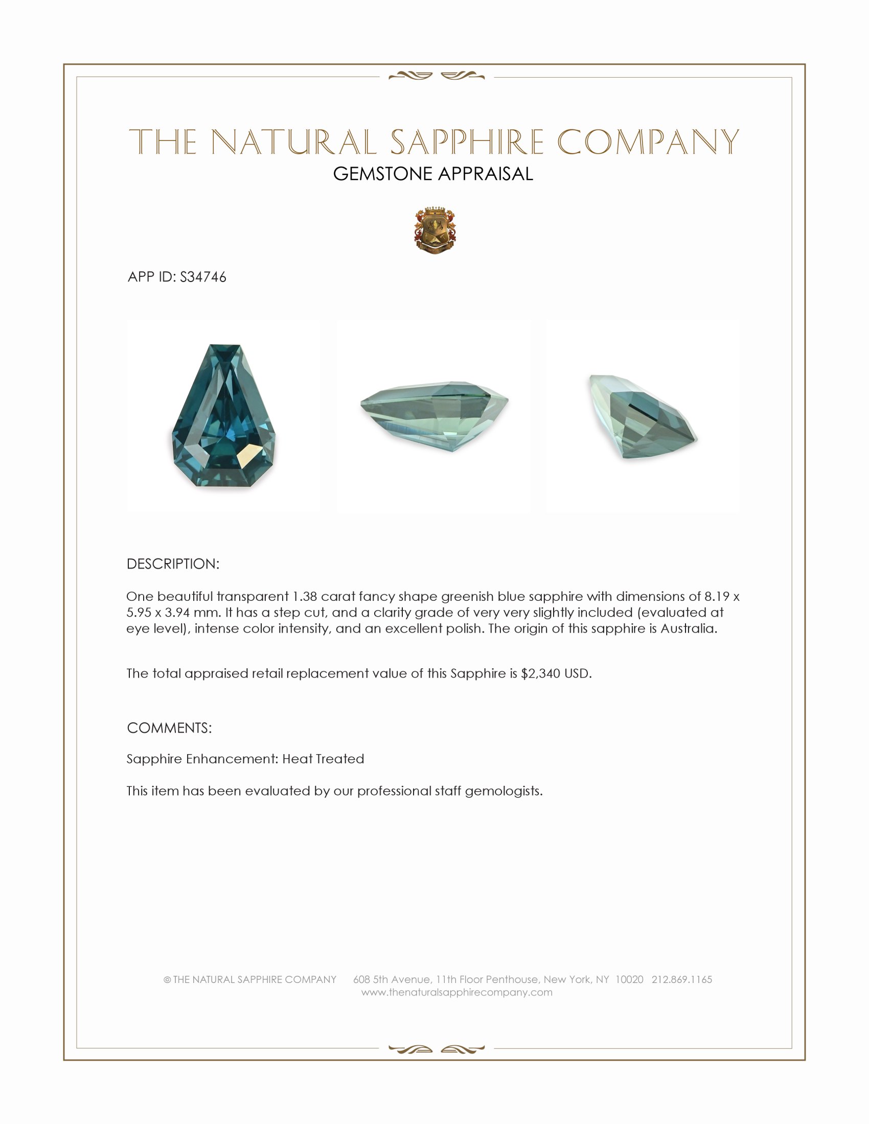 1.38 Ct. Greenish Blue Sapphire from Australia