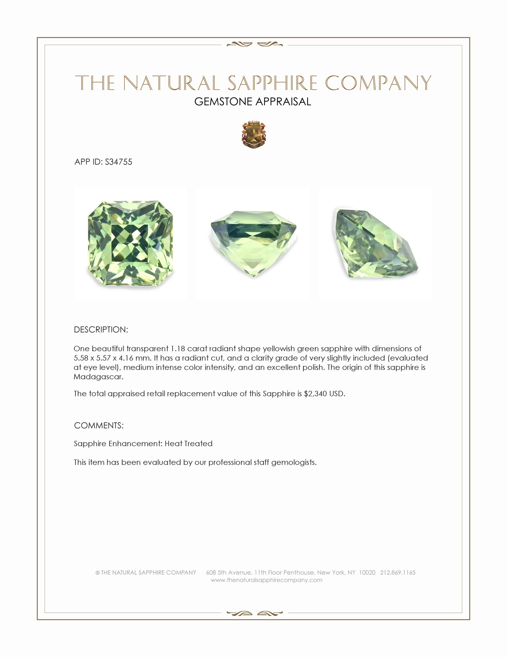 1.18 Ct. Yellowish Green Sapphire from Madagascar