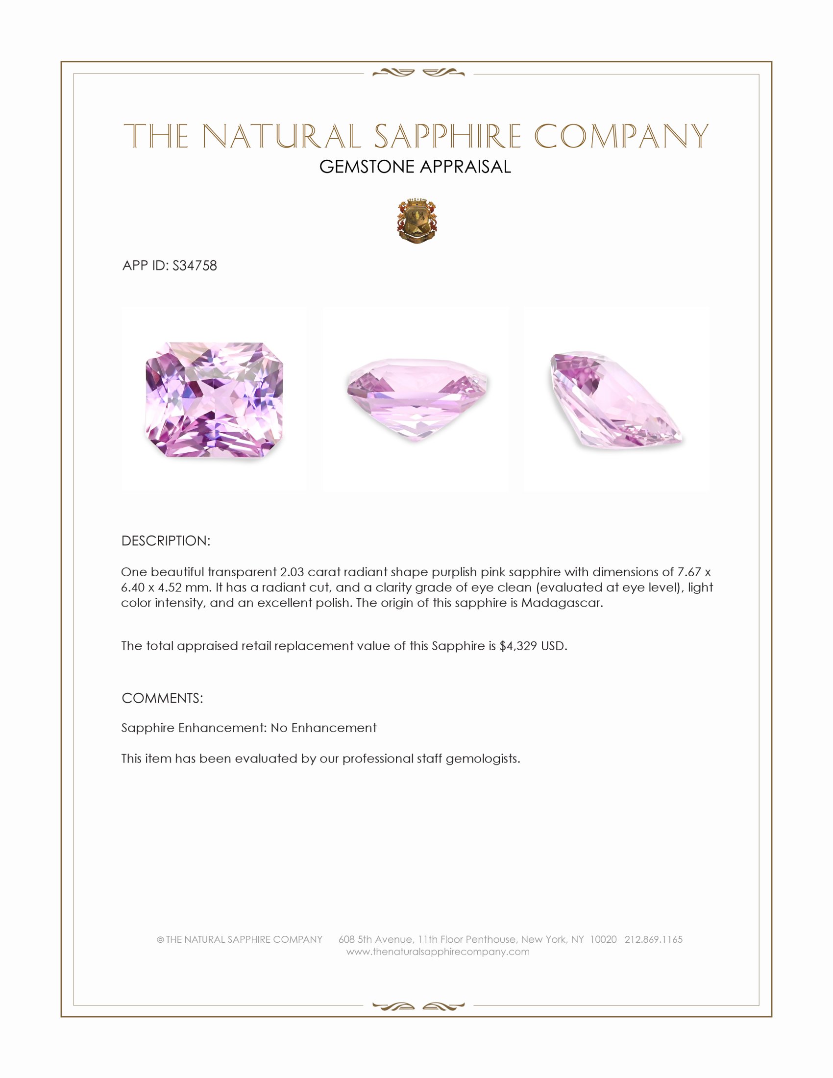 2.03 Ct. Purplish Pink Sapphire from Madagascar