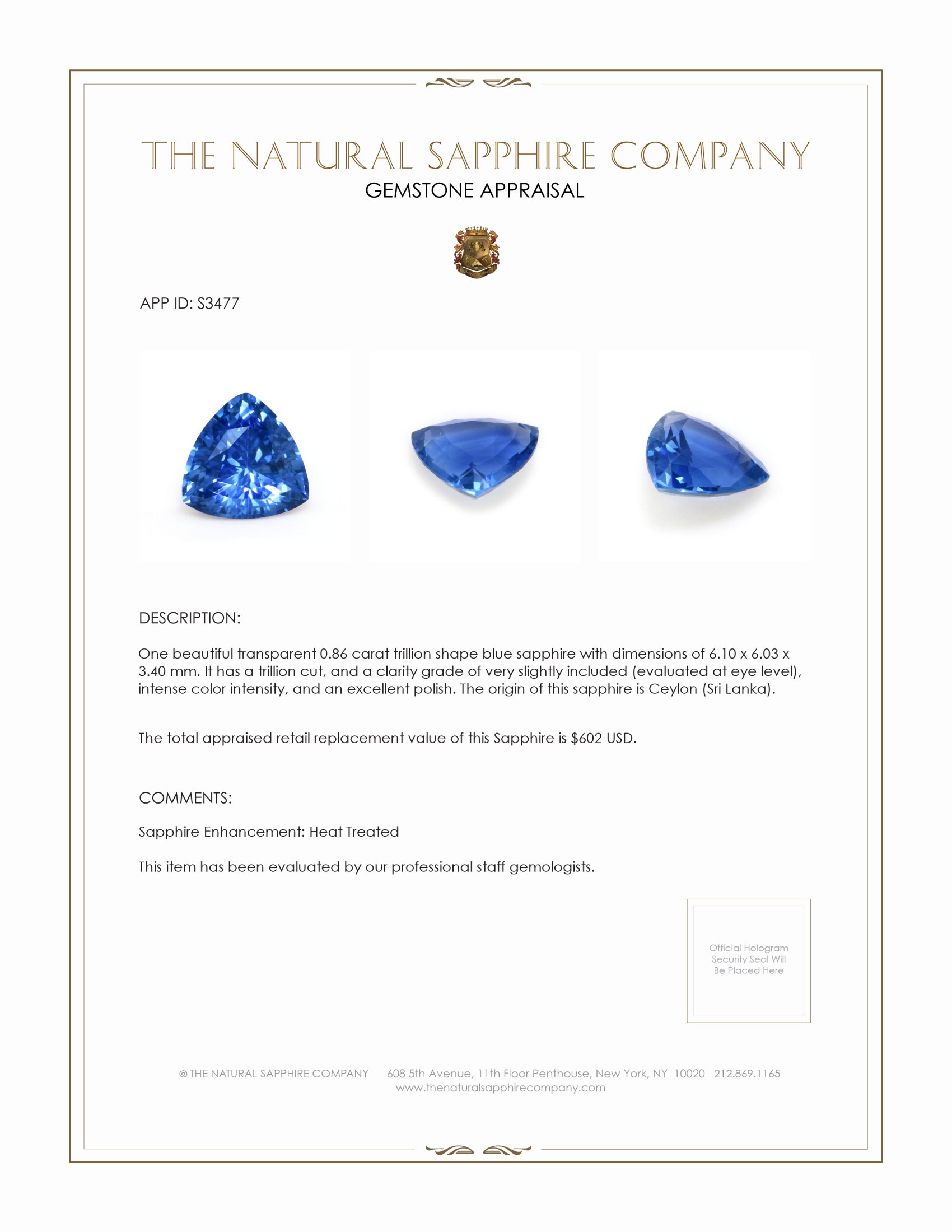 0.86 Ct. Blue Sapphire from Ceylon (Sri Lanka)