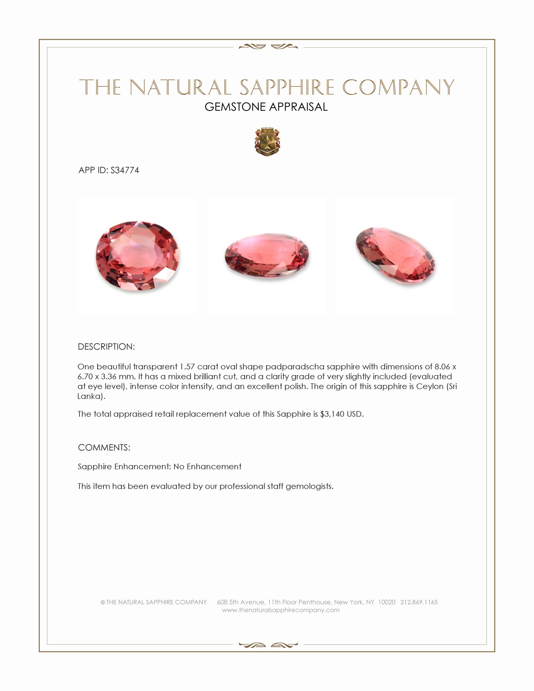 1.57 Ct. Padparadscha Sapphire from Ceylon (Sri Lanka)