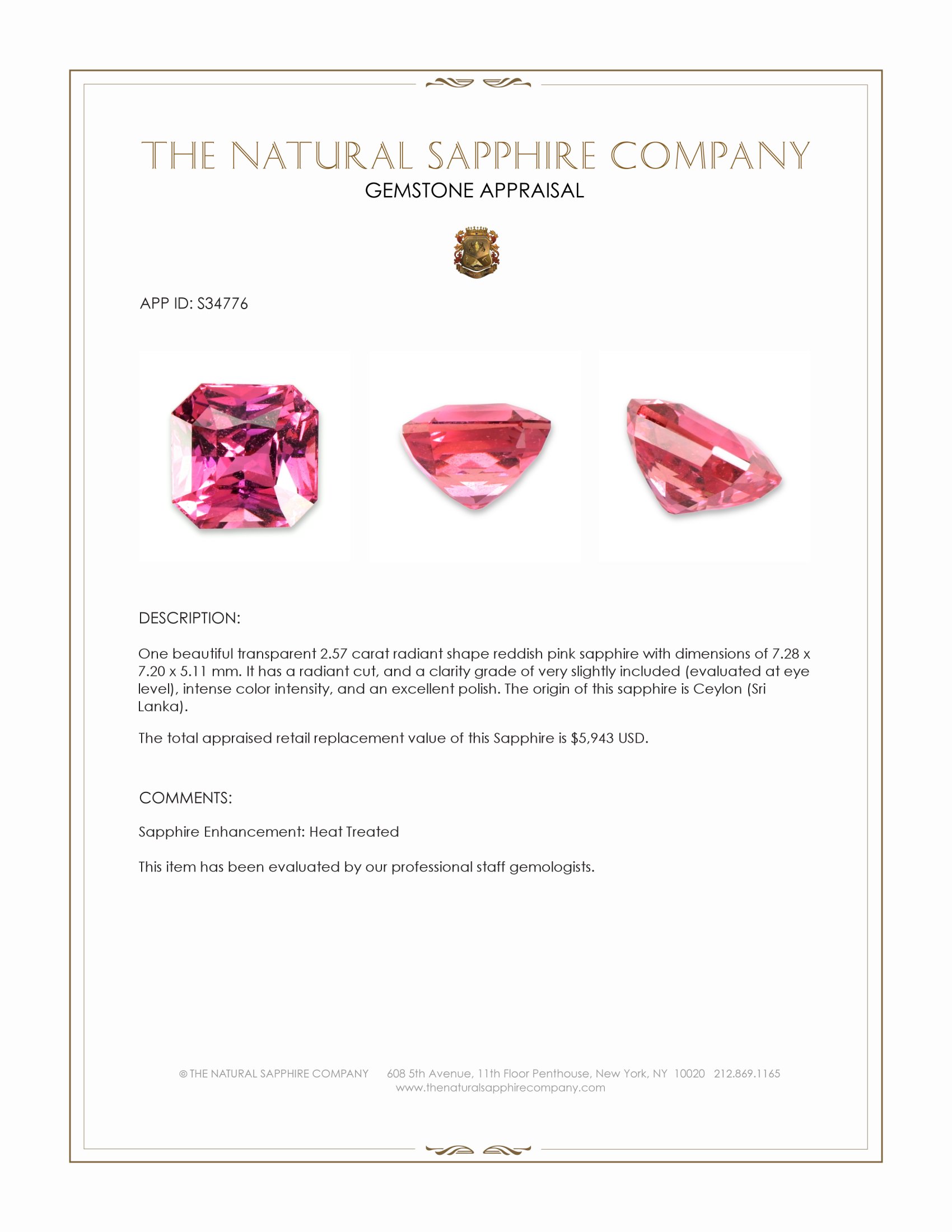 2.57 Ct. Reddish Pink Sapphire from Ceylon (Sri Lanka)