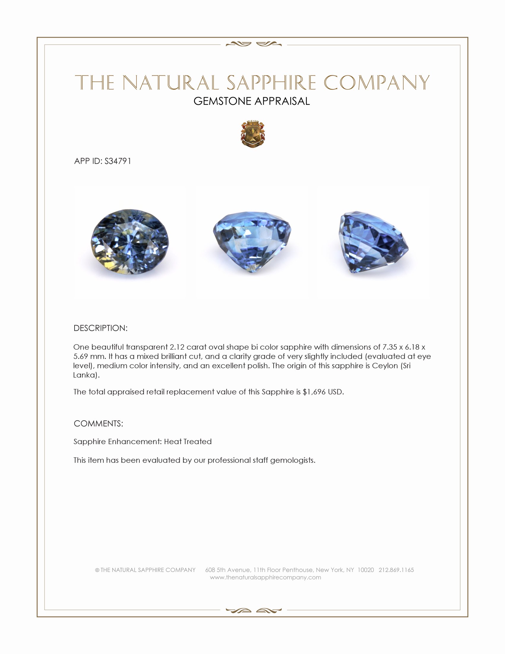 2.12 Ct. Bi Color Sapphire from Ceylon (Sri Lanka)
