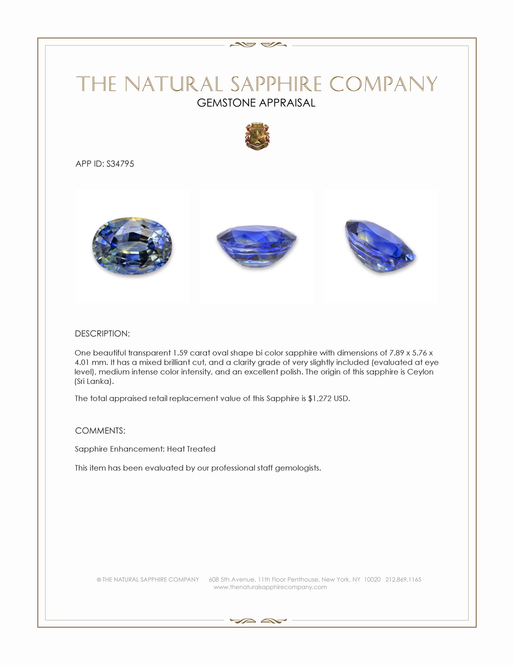 1.59 Ct. Bi Color Sapphire from Ceylon (Sri Lanka)