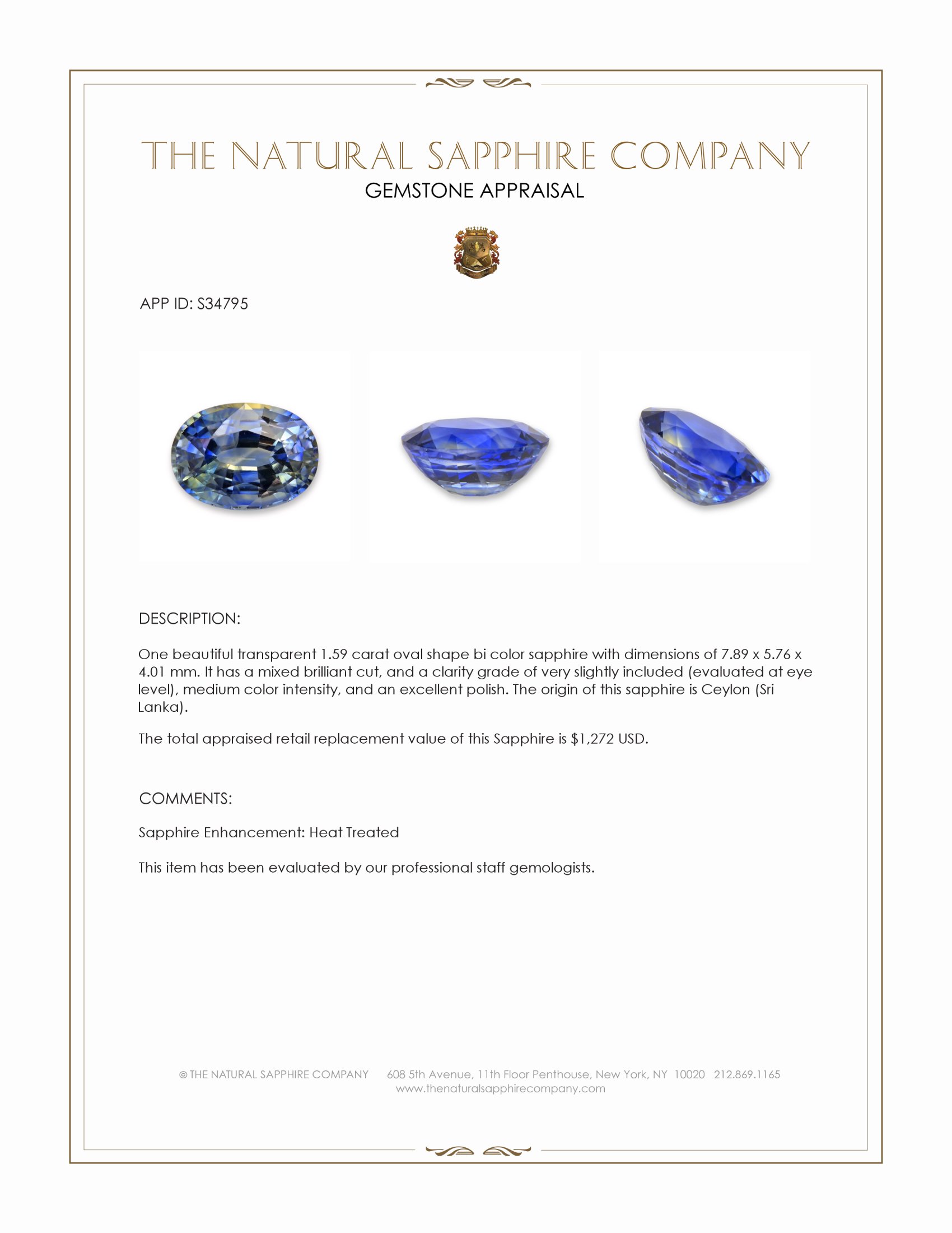1.59 Ct. Bi Color Sapphire from Ceylon (Sri Lanka)