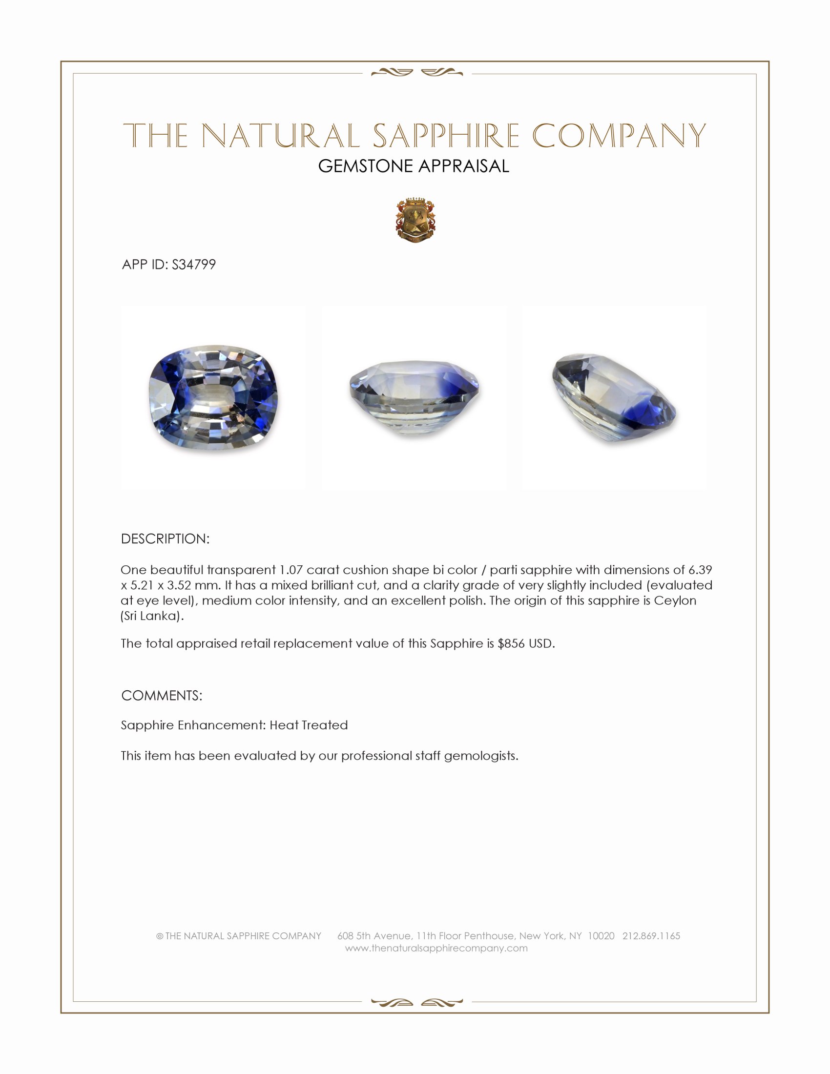 1.07 Ct. Bi Color / Parti Sapphire from Ceylon (Sri Lanka)