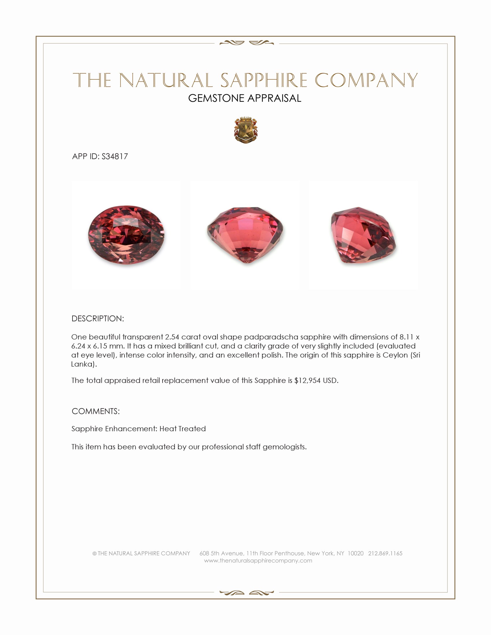 2.54 Ct. Padparadscha Sapphire from Ceylon (Sri Lanka)