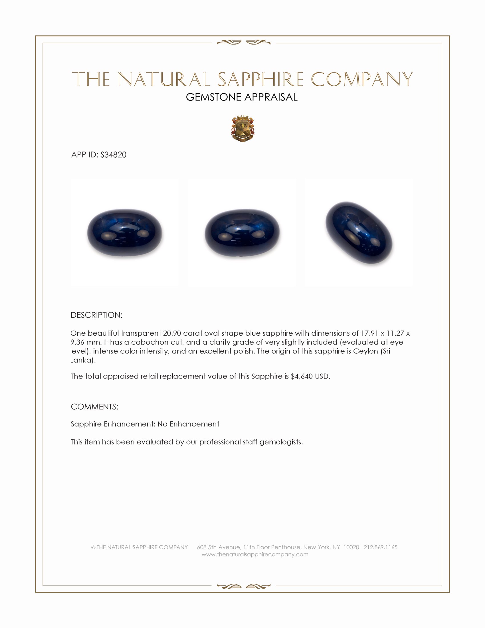 20.90 Ct. Blue Cabochon Sapphire from Ceylon (Sri Lanka)