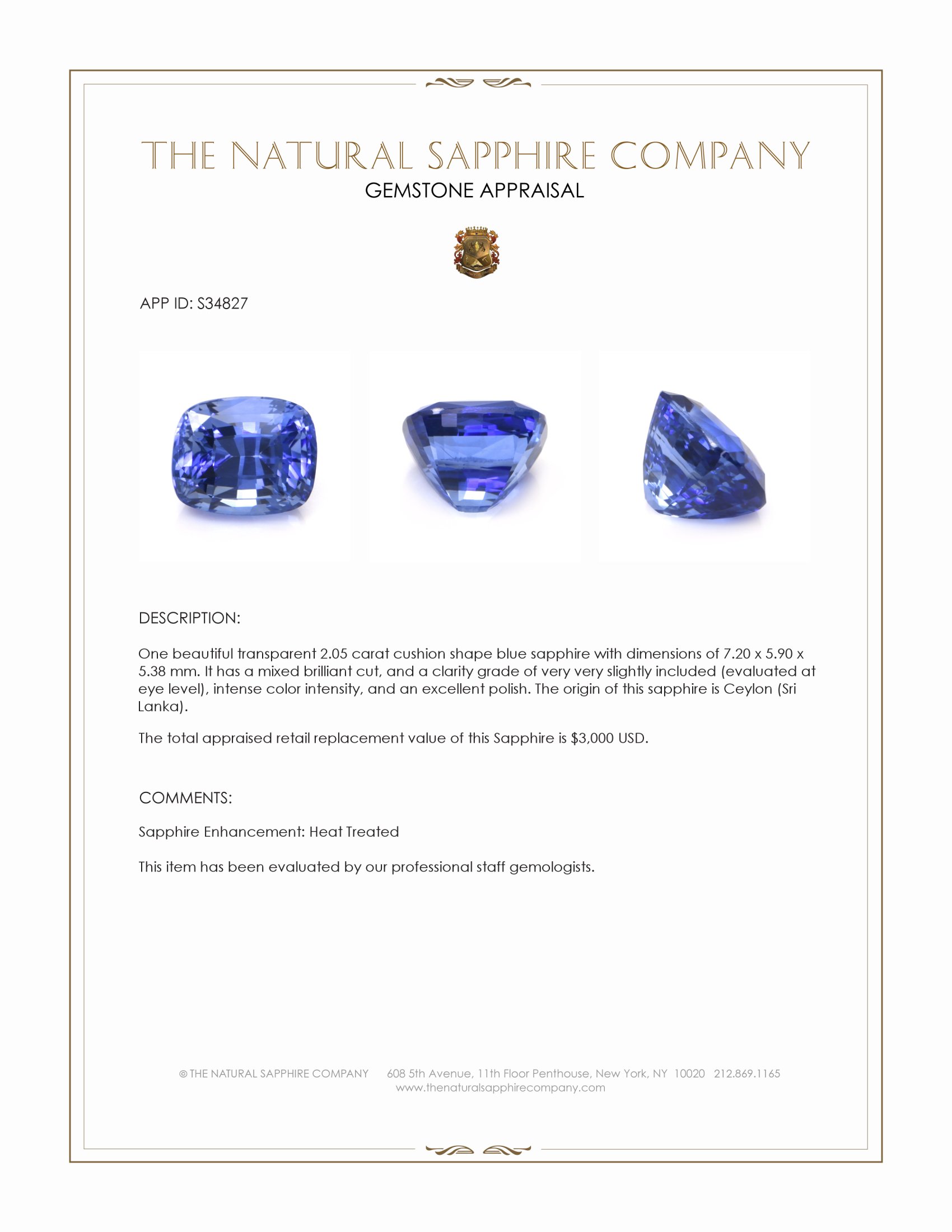 2.05 Ct. Blue Sapphire from Ceylon (Sri Lanka)