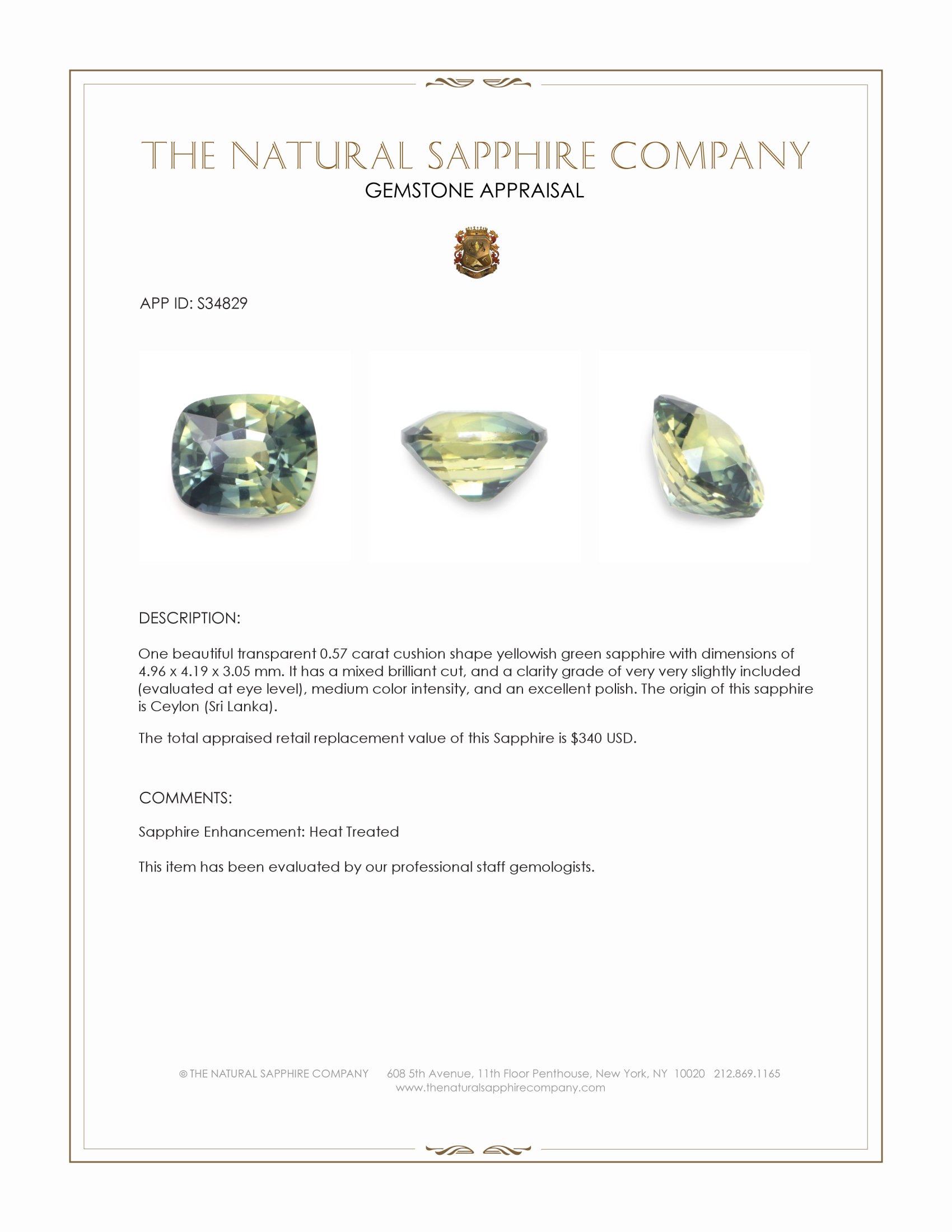 0.57 Ct. Yellowish Green Sapphire from Ceylon (Sri Lanka)