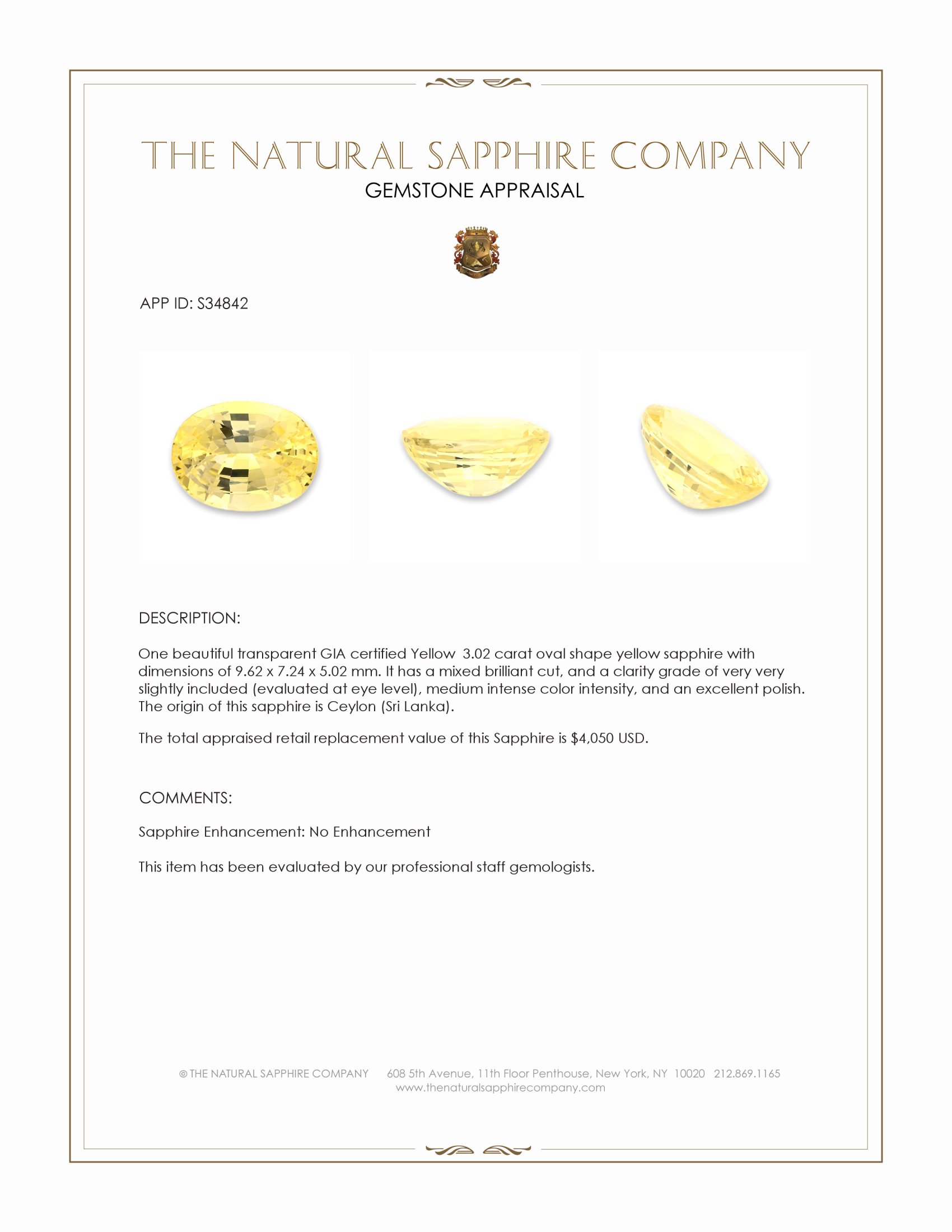 3.02 Ct. Yellow Sapphire from Ceylon (Sri Lanka)