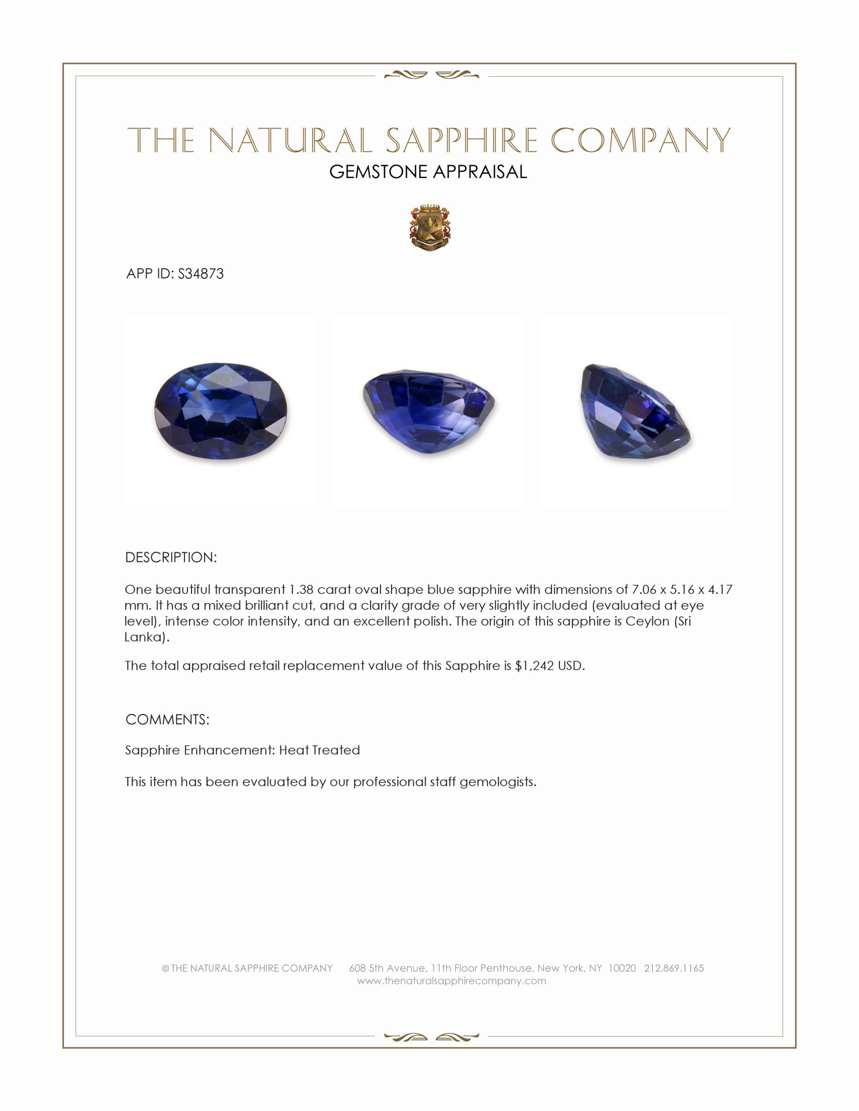1.38 Ct. Blue Sapphire from Ceylon (Sri Lanka)