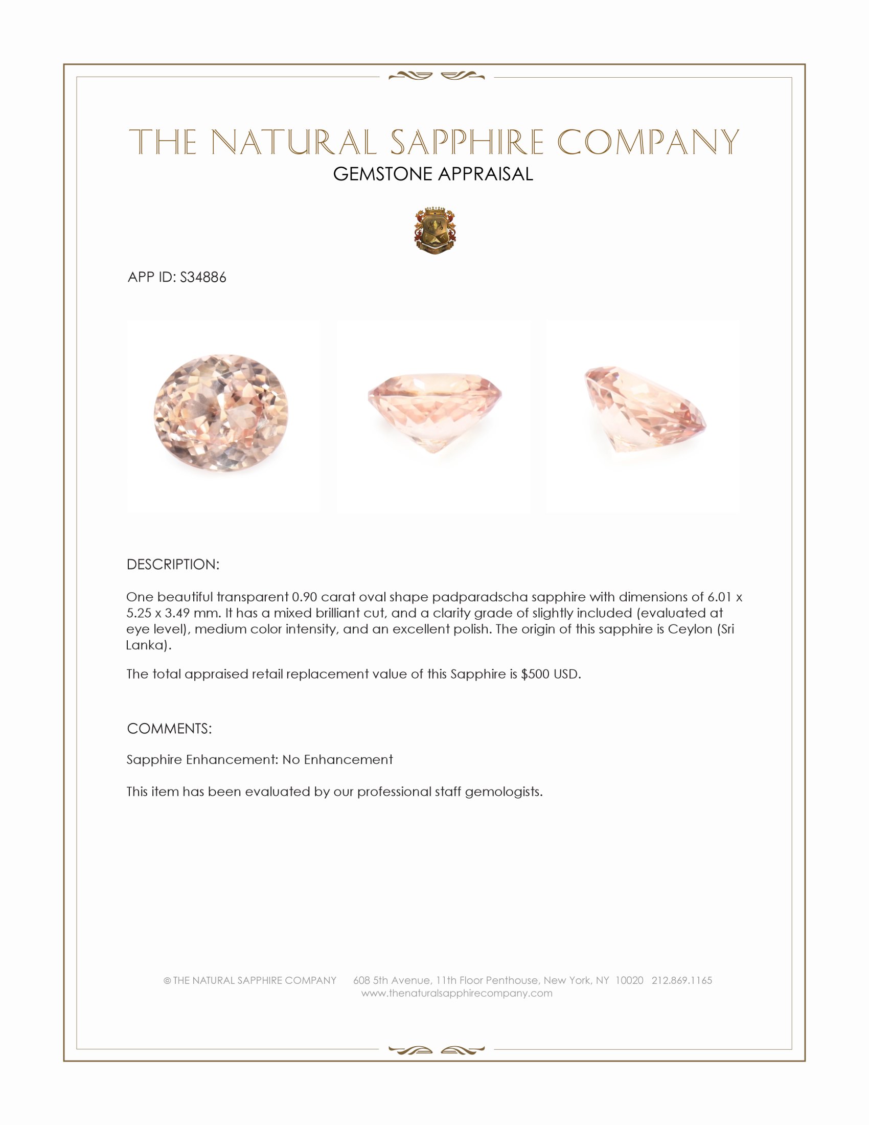 0.90 Ct. Padparadscha Sapphire from Ceylon (Sri Lanka)