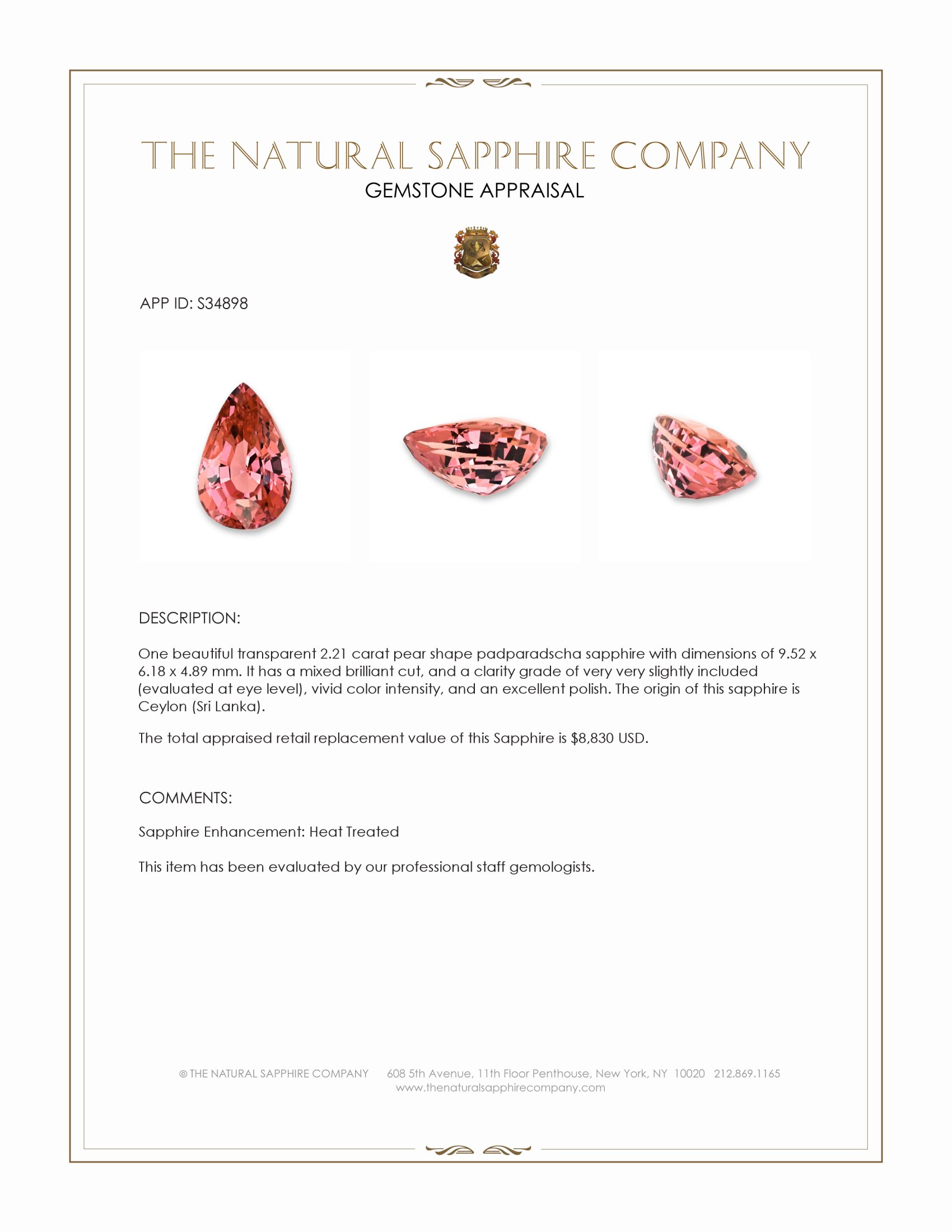 2.21 Ct. Padparadscha Sapphire from Ceylon (Sri Lanka)