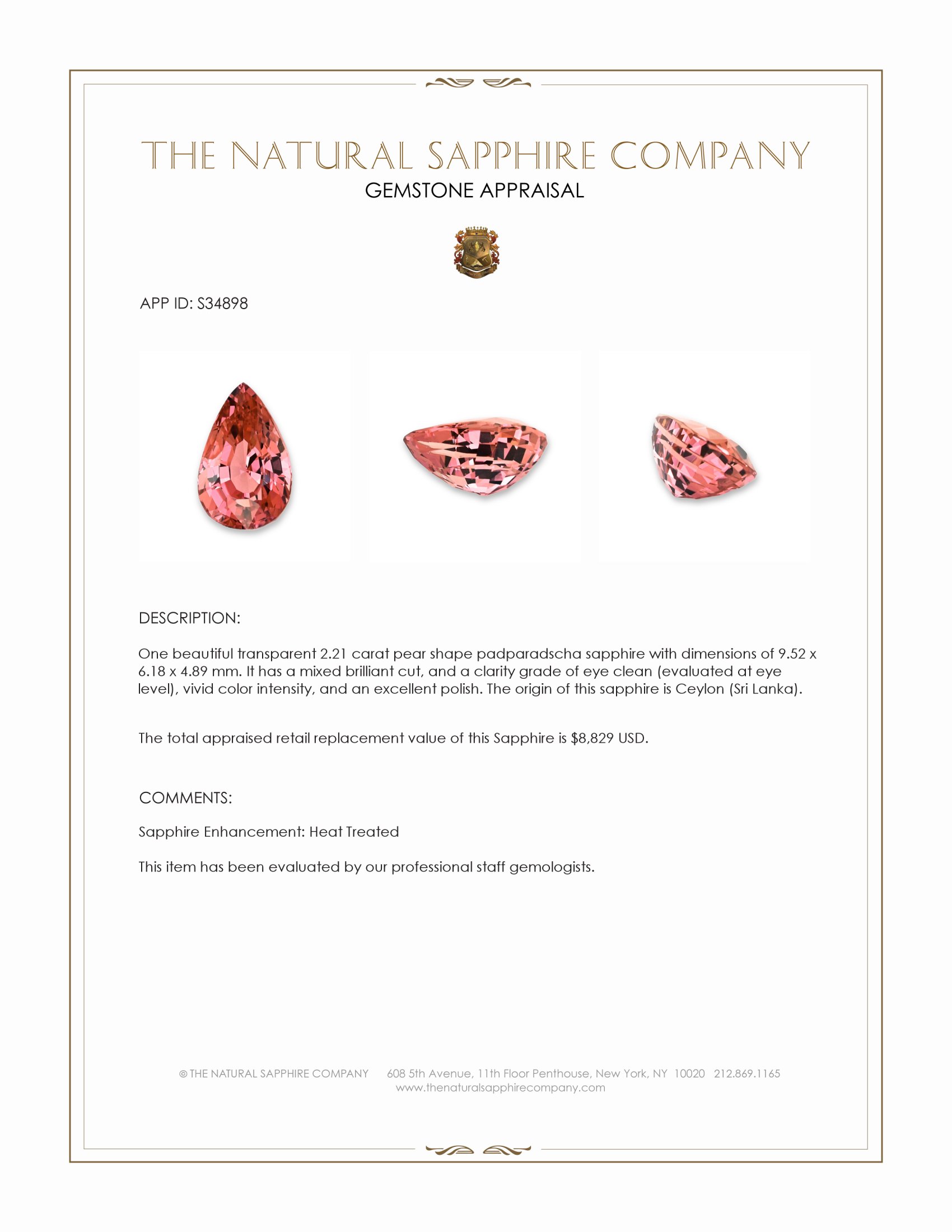 2.21 Ct. Padparadscha Sapphire from Ceylon (Sri Lanka)