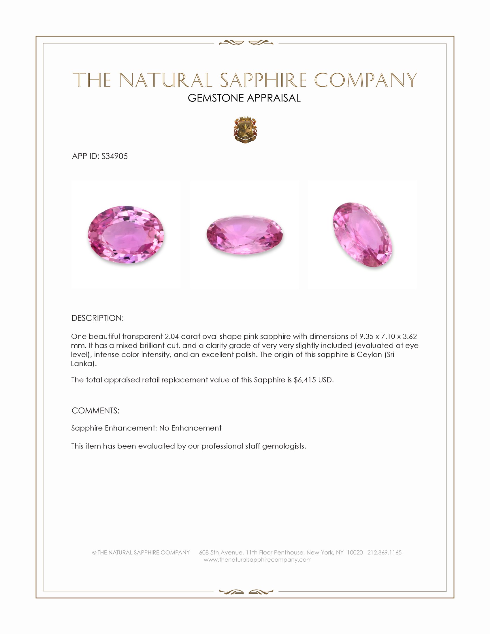 2.04 Ct. Pink Sapphire from Ceylon (Sri Lanka)