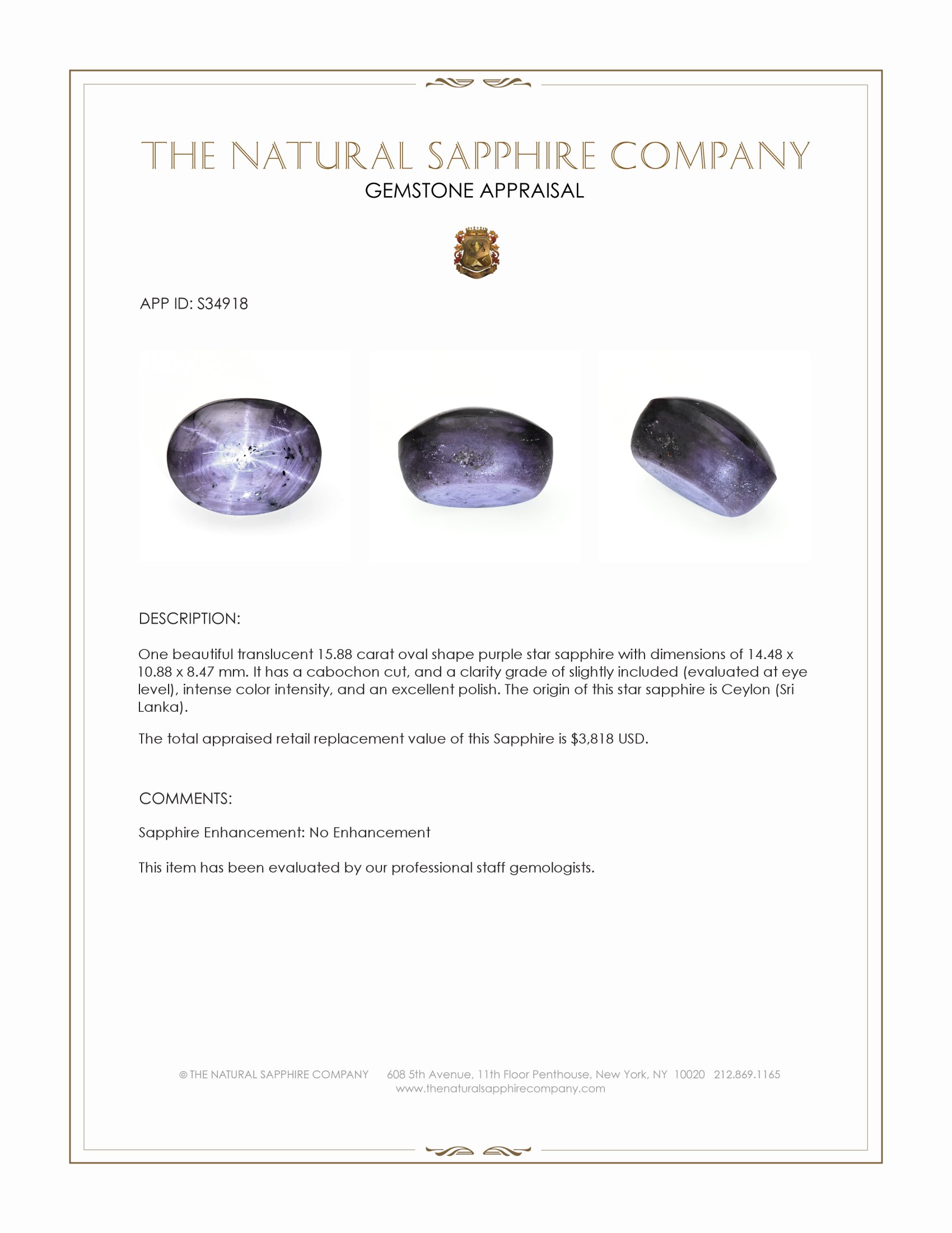 15.88 Ct. Purple Star Sapphire from Ceylon (Sri Lanka)