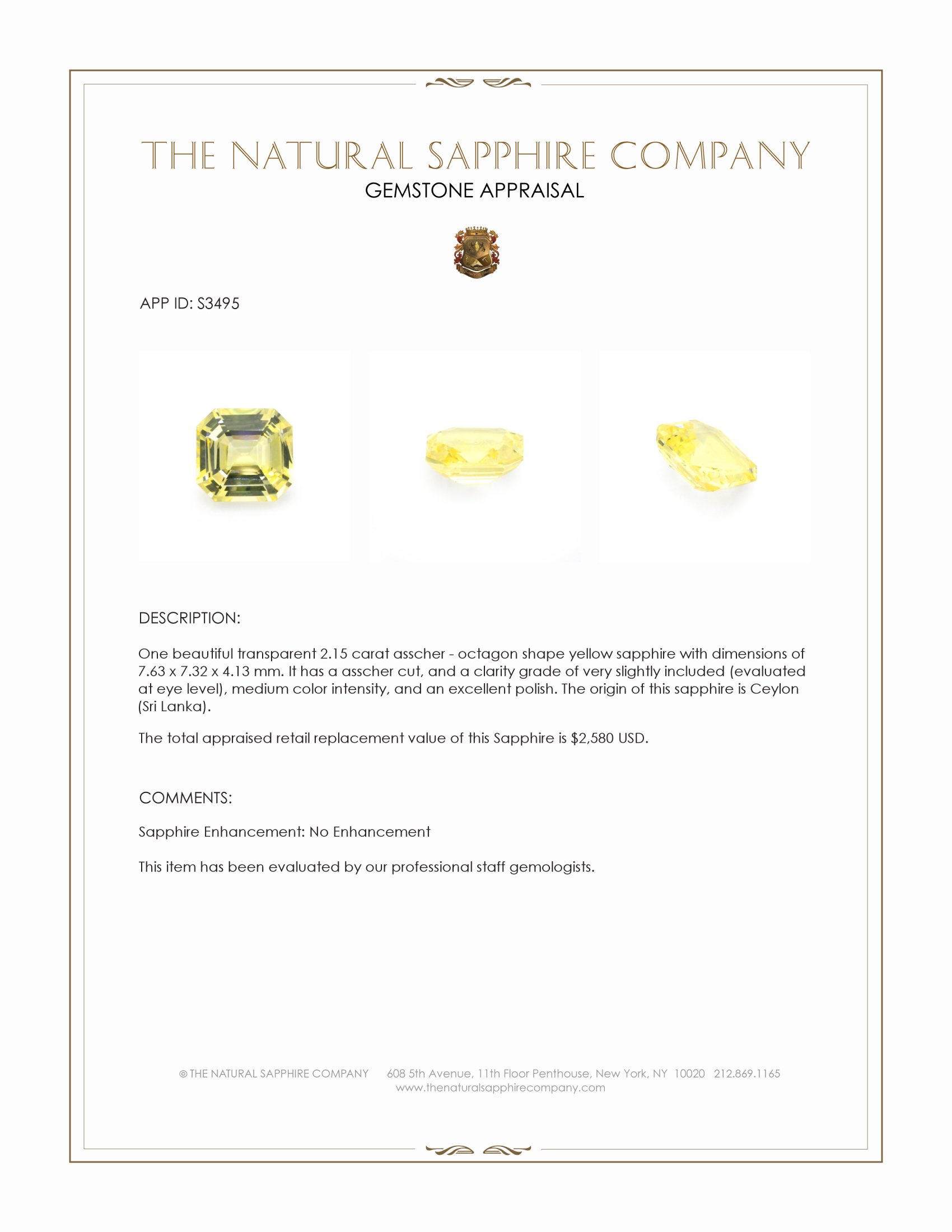 2.15 Ct. Yellow Sapphire from Ceylon (Sri Lanka)
