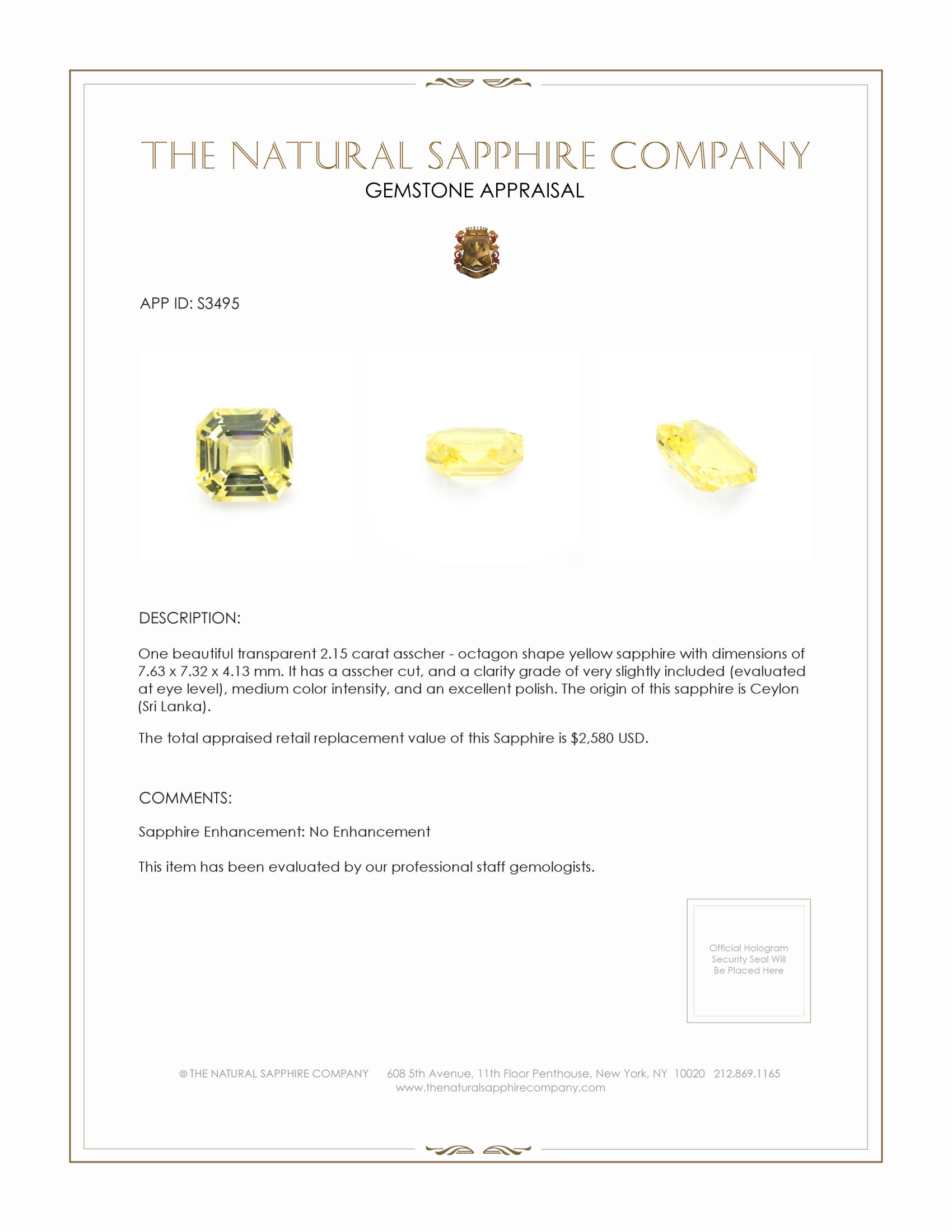 2.15 Ct. Yellow Sapphire from Ceylon (Sri Lanka)