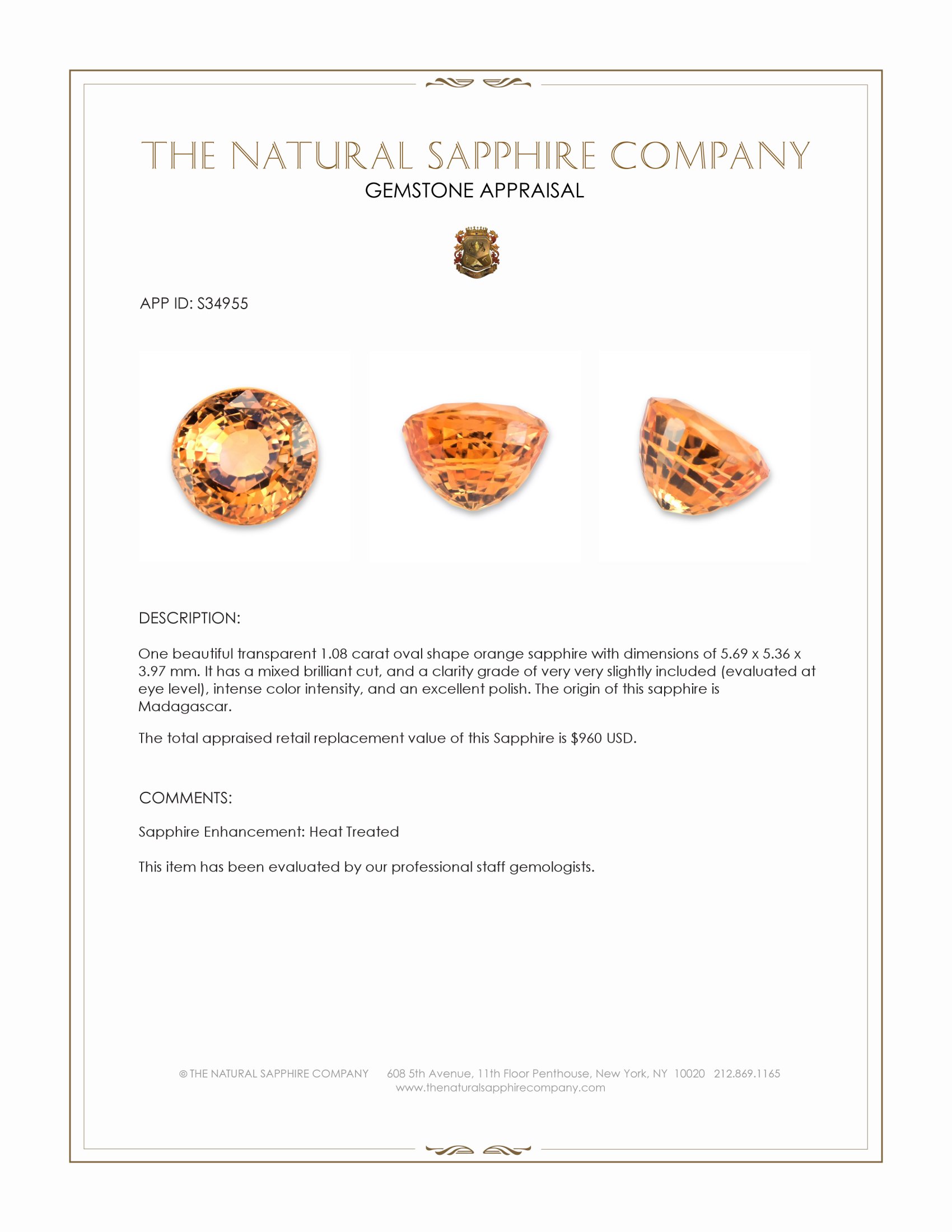 1.08 Ct. Orange Sapphire from Madagascar