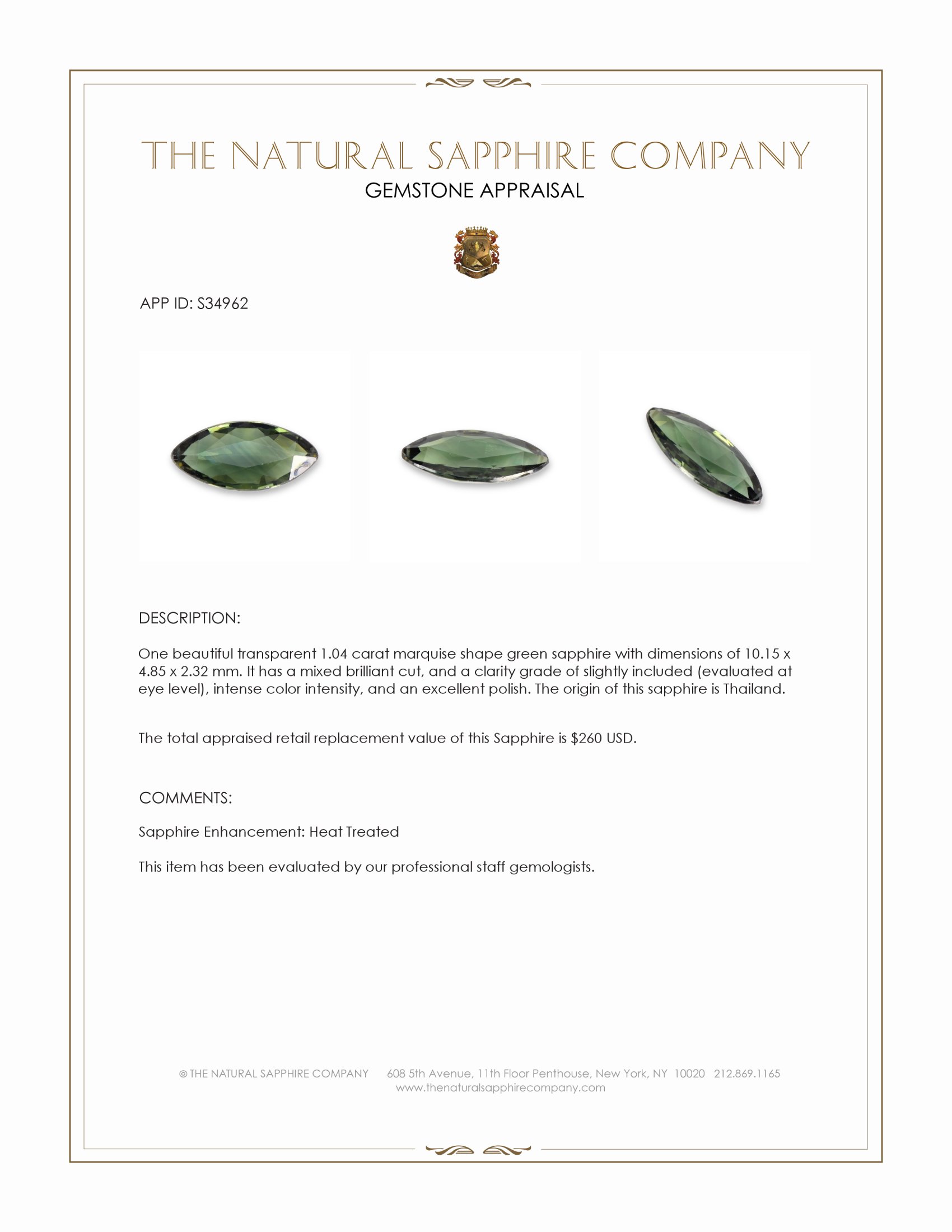 1.04 Ct. Green Sapphire from Thailand