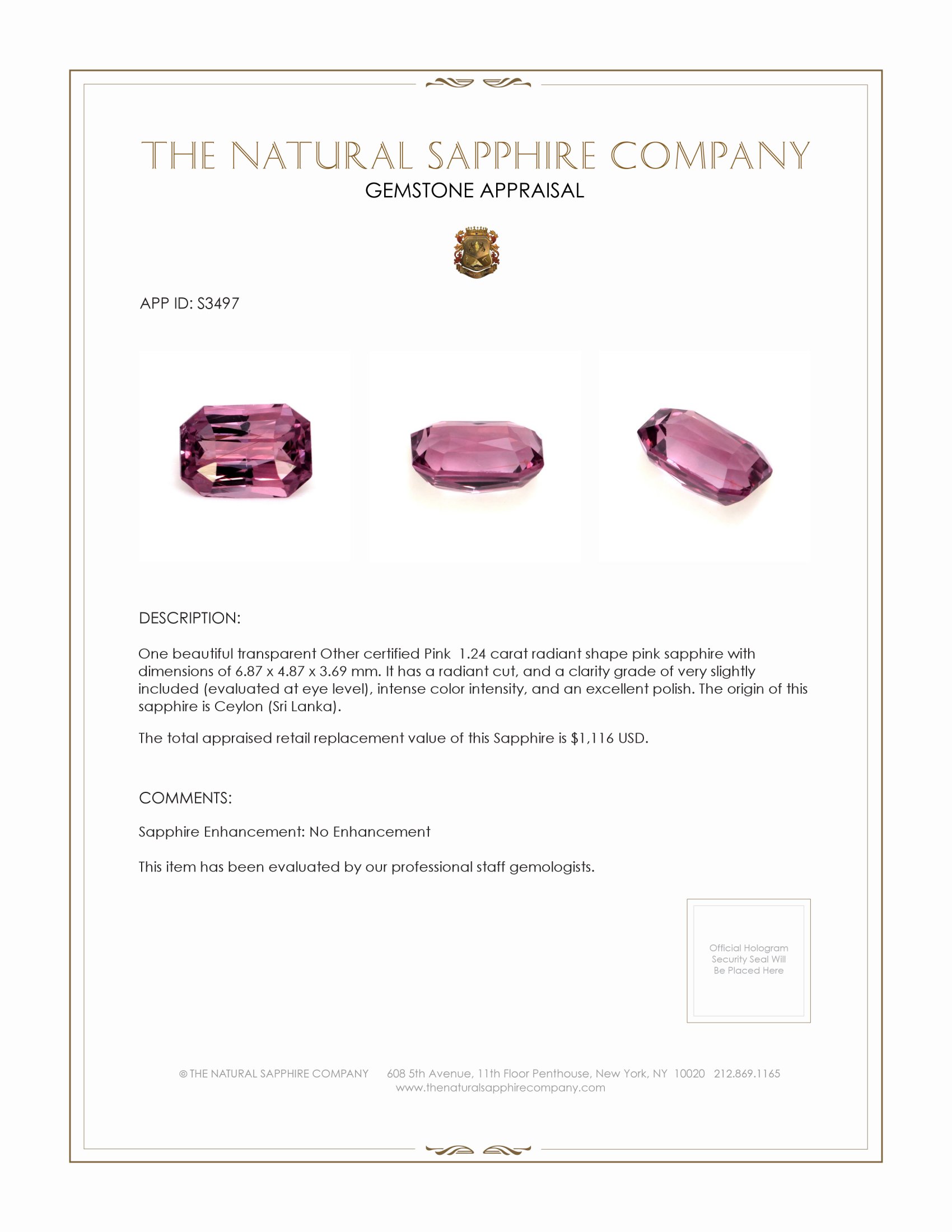 1.24 Ct. Pink Sapphire from Ceylon (Sri Lanka)