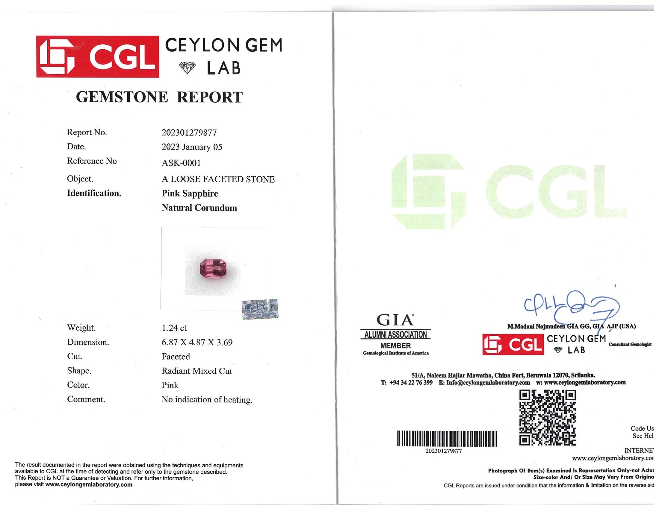 1.24 Ct. Pink Sapphire from Ceylon (Sri Lanka)