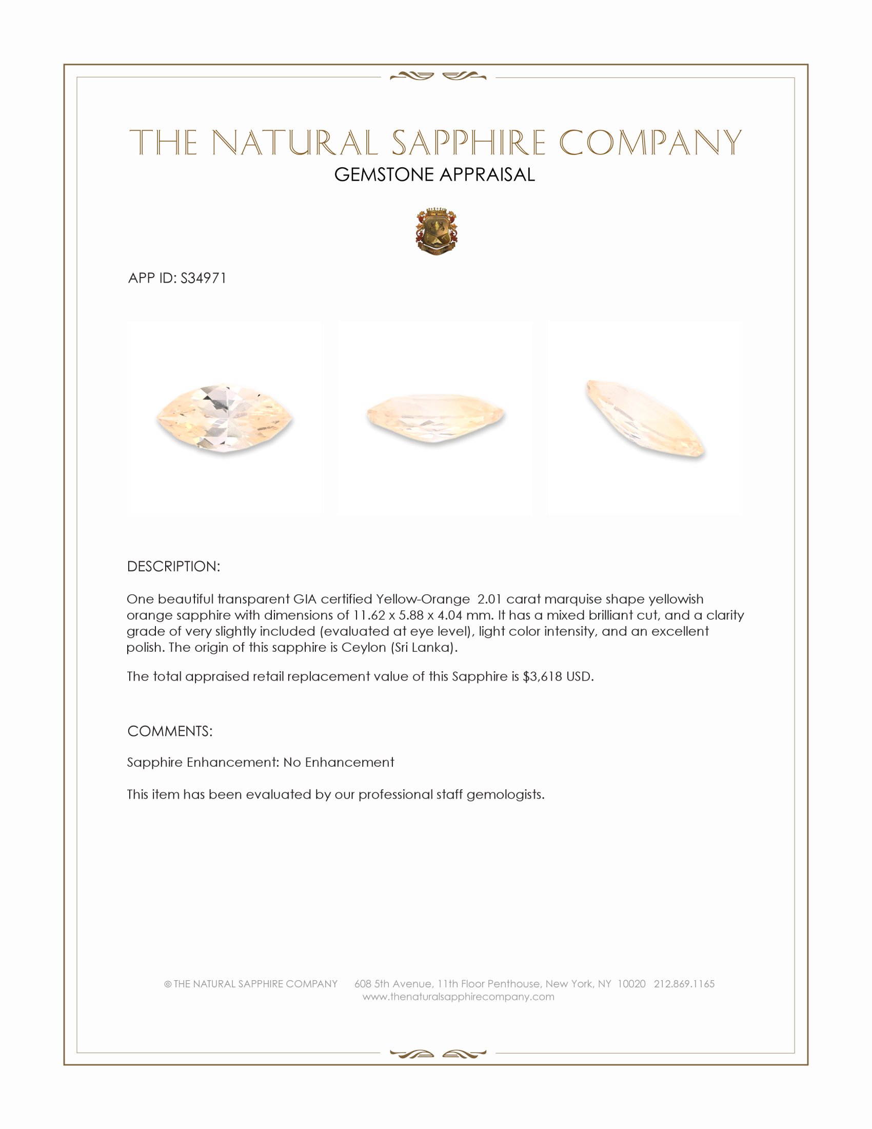 2.01 Ct. Yellowish Orange Sapphire from Ceylon (Sri Lanka)