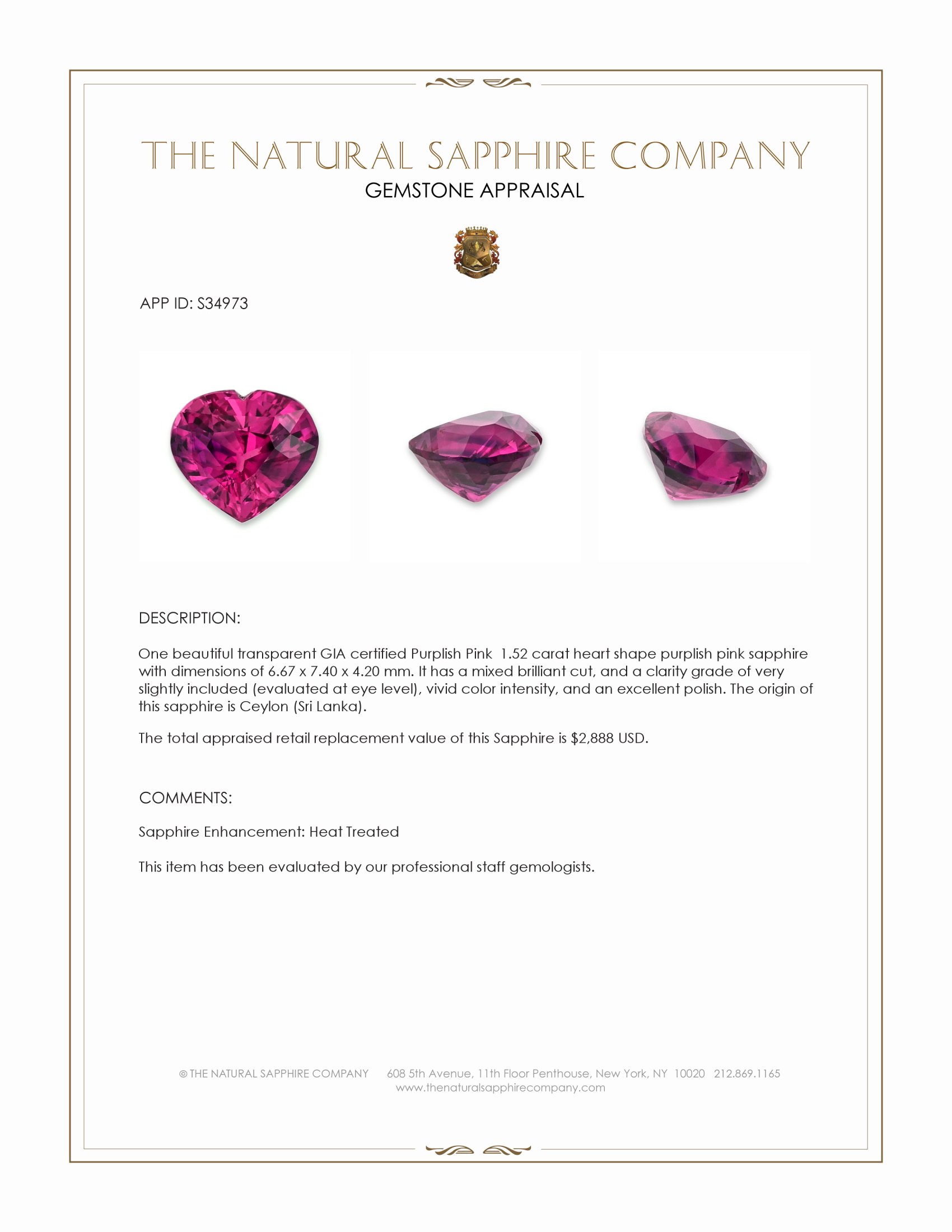 1.52 Ct. Purplish Pink Sapphire from Ceylon (Sri Lanka)