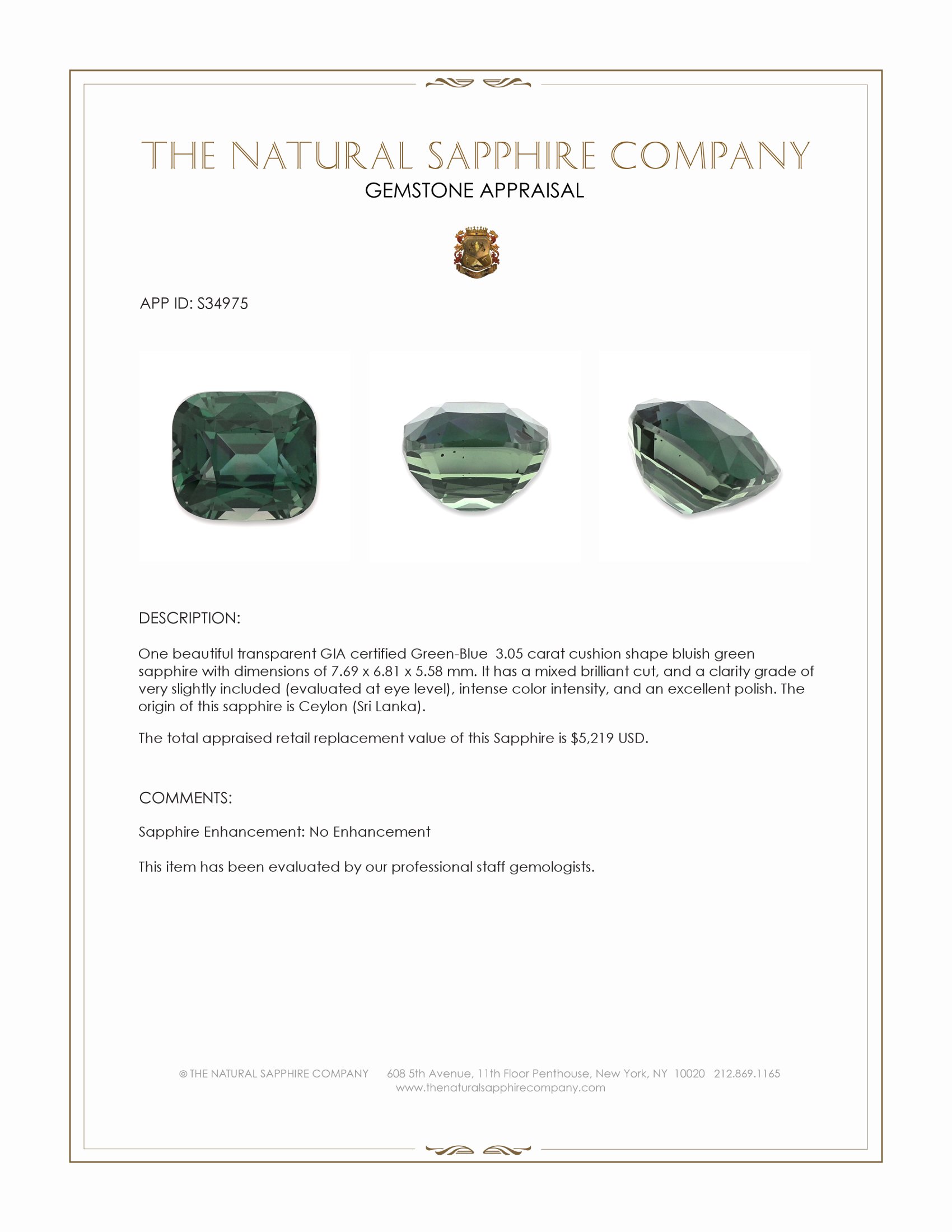 3.05 Ct. Bluish Green Sapphire from Ceylon (Sri Lanka)