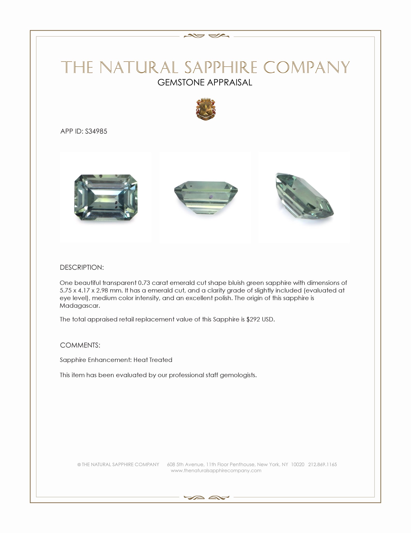 0.73 Ct. Bluish Green Sapphire from Madagascar