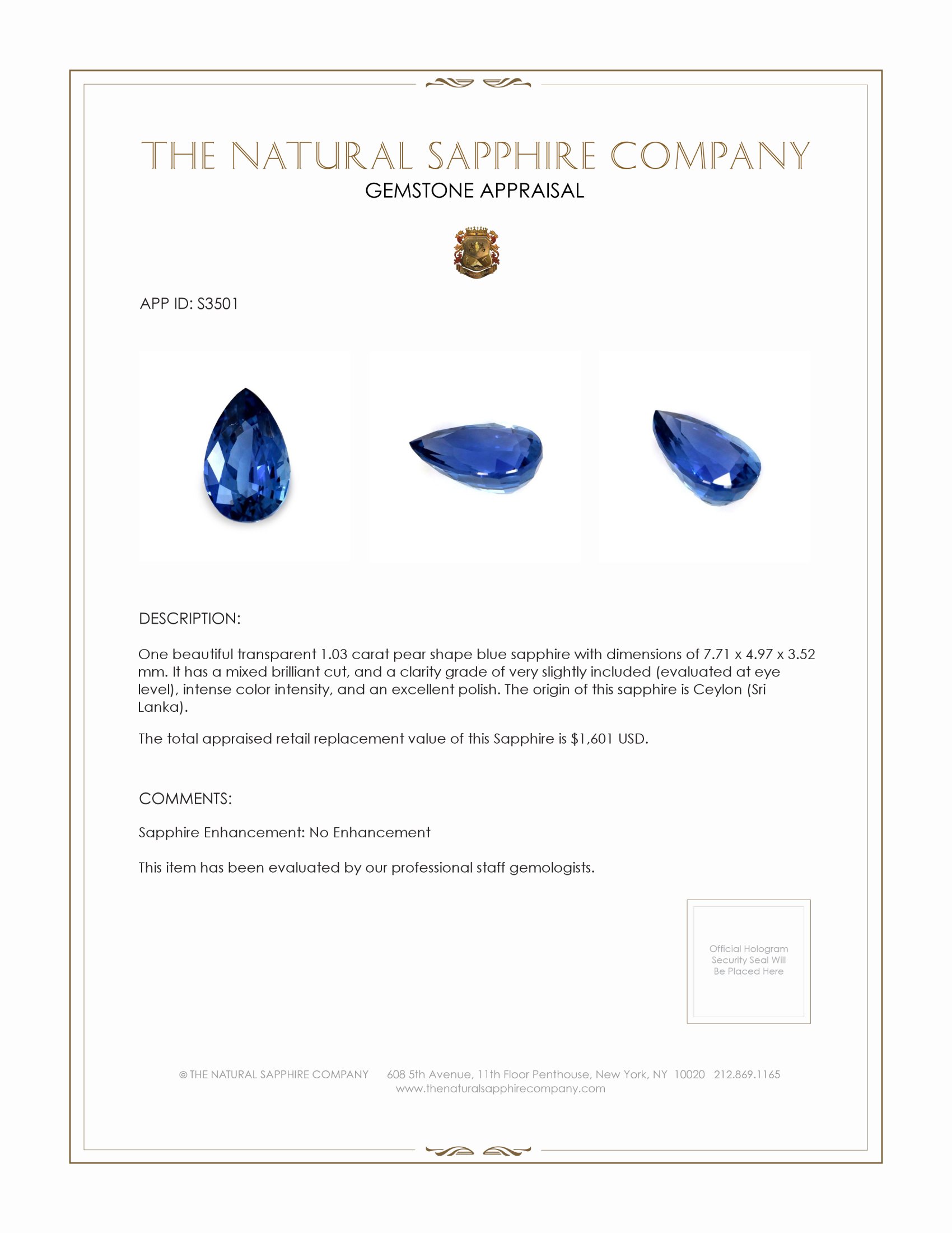 1.03 Ct. Blue Sapphire from Ceylon (Sri Lanka)