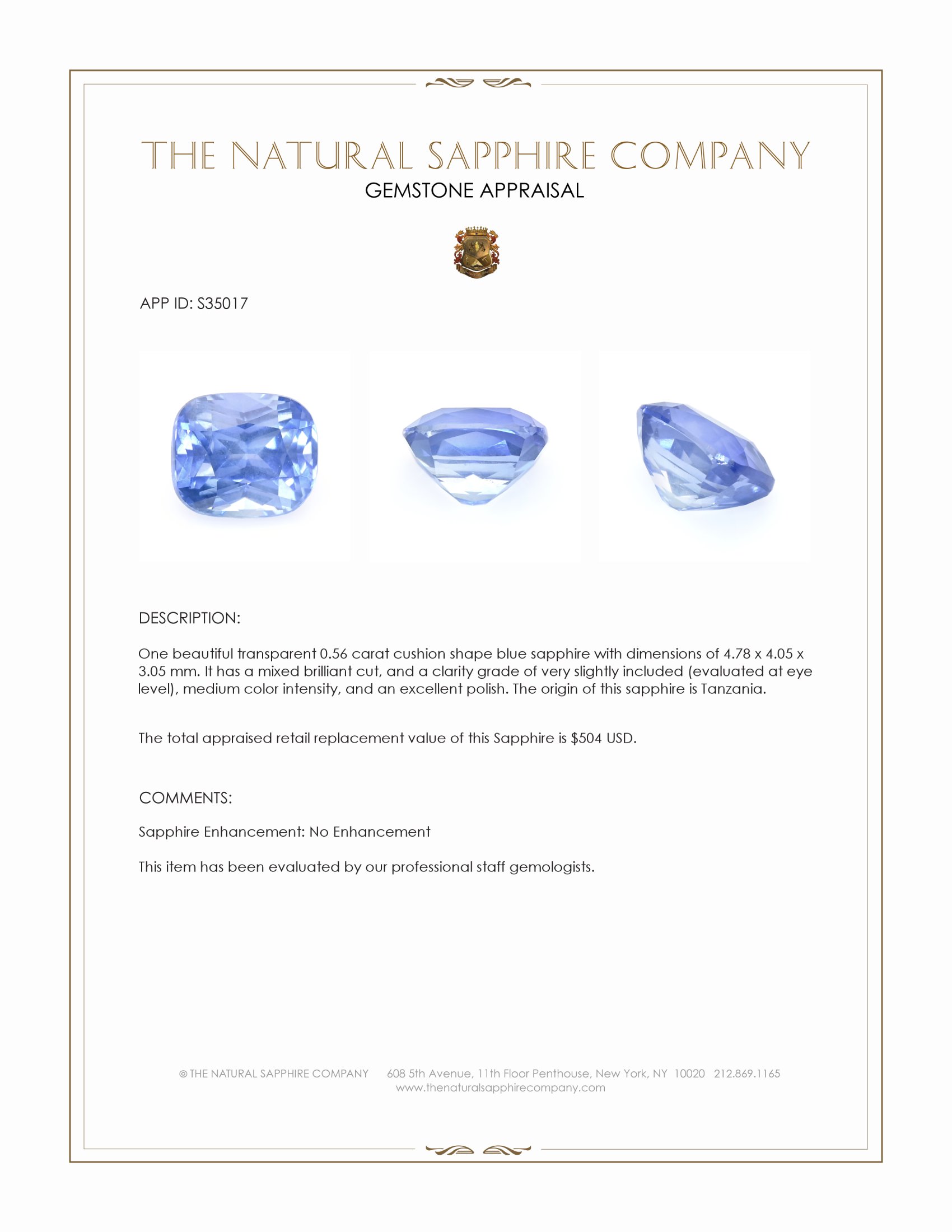 0.56 Ct. Blue Sapphire from Tanzania