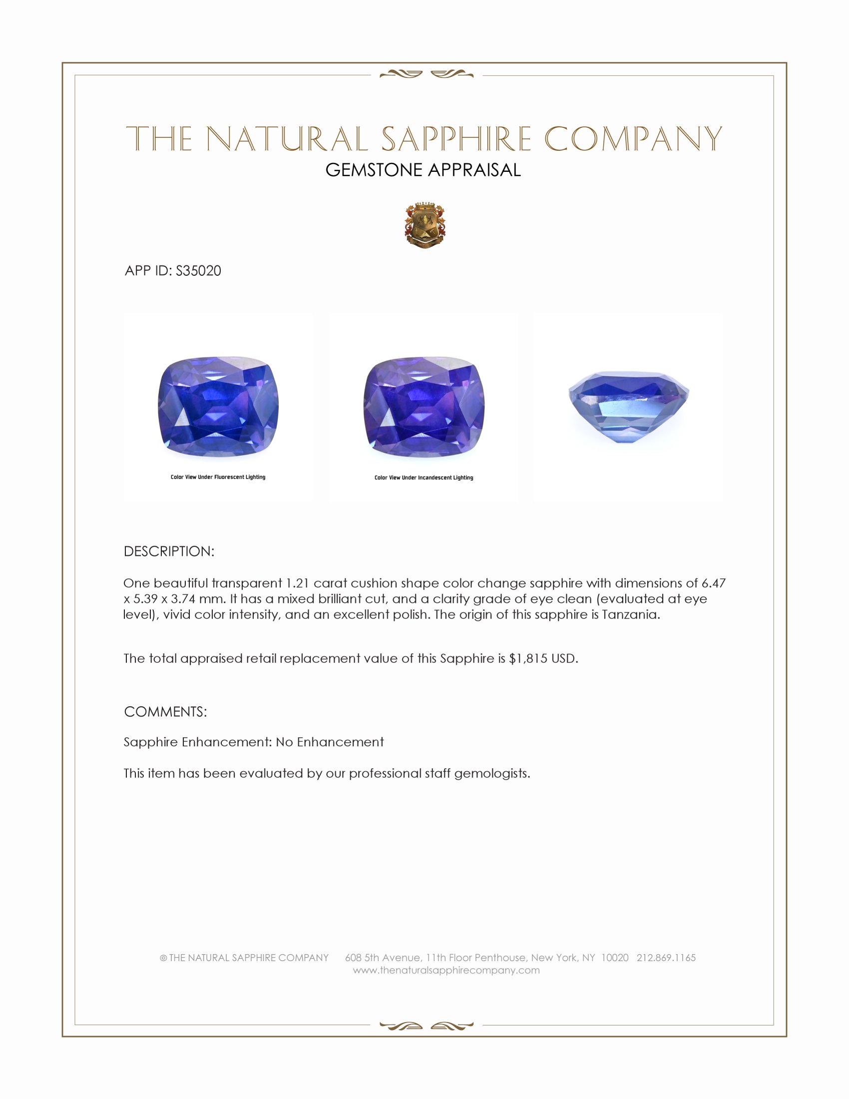 1.21 Ct. Color Change Sapphire from Tanzania