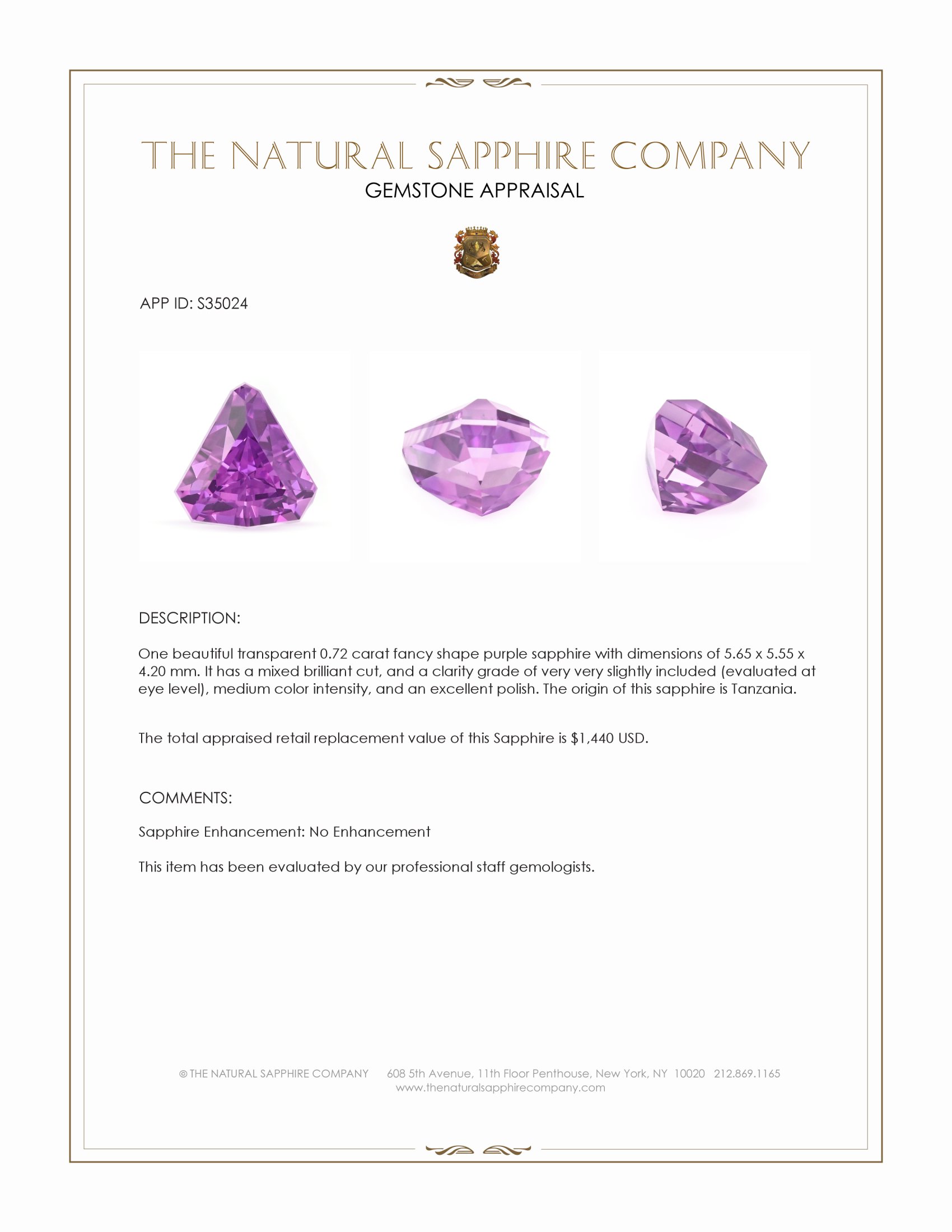 0.72 Ct. Pinkish Purple Sapphire from Tanzania