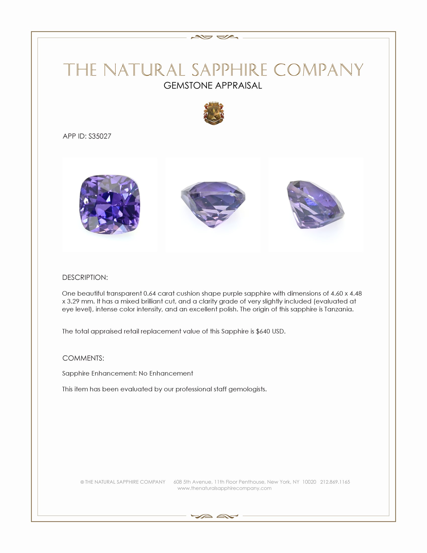 0.64 Ct. Bluish Purple Sapphire from Tanzania