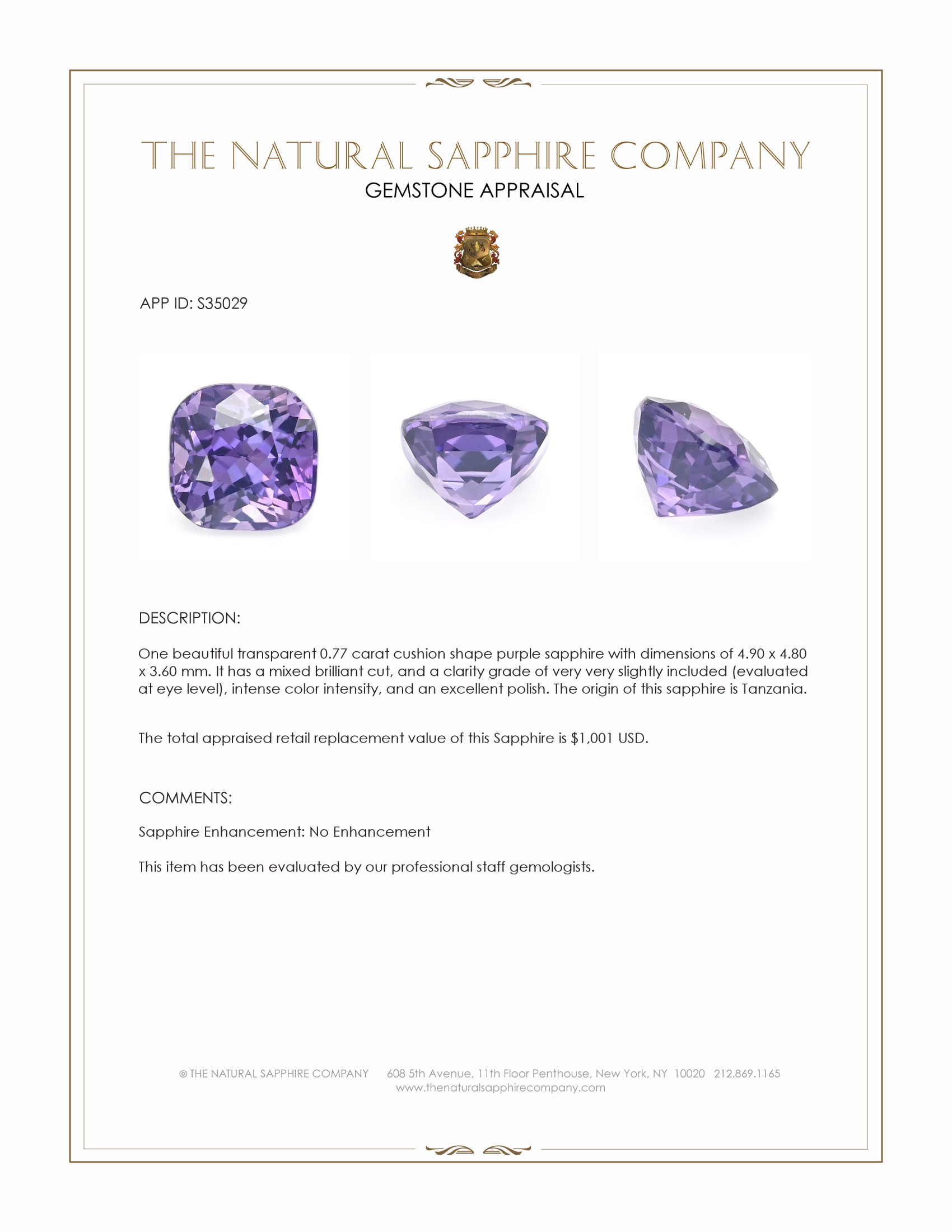 0.77 Ct. Purple Sapphire from Tanzania