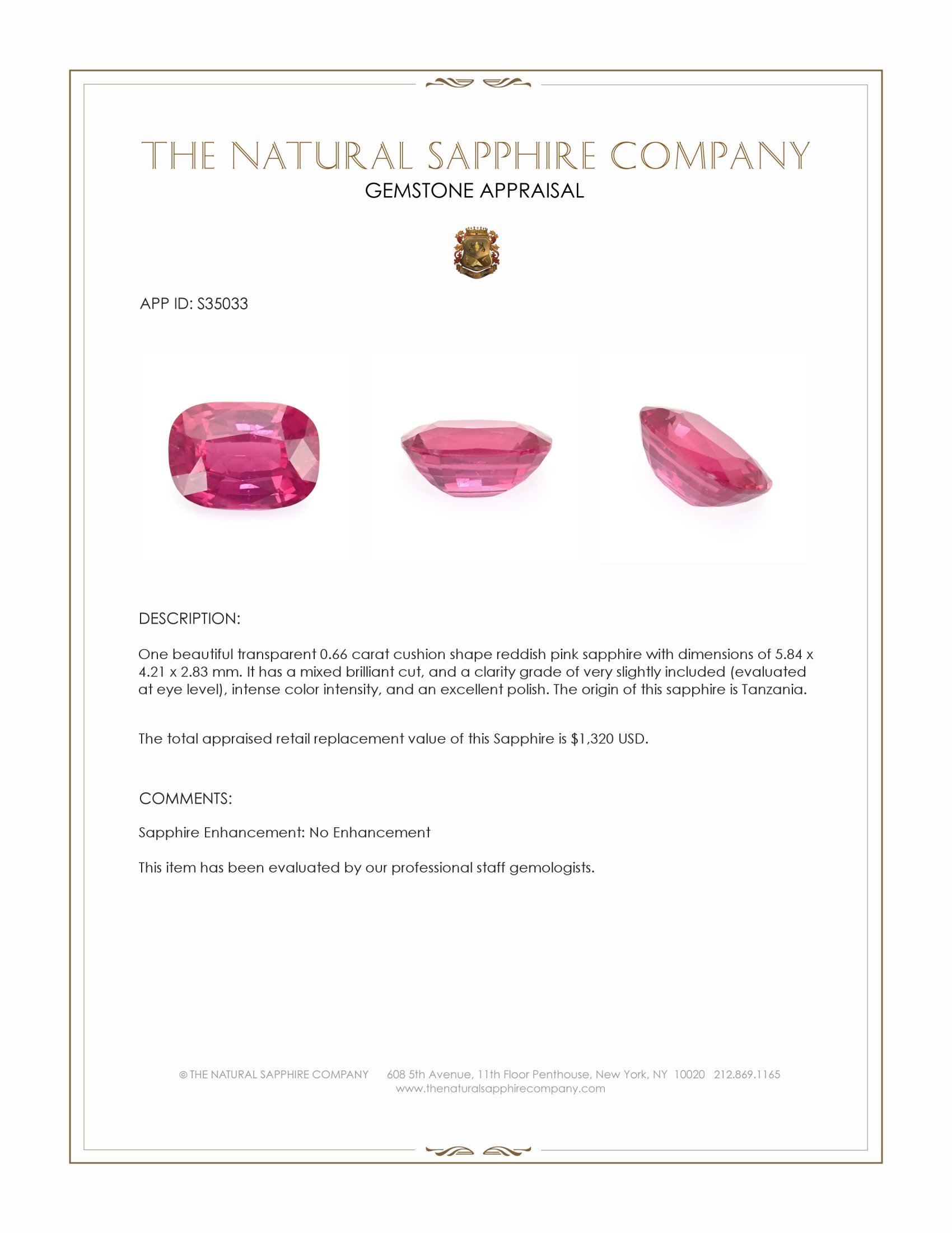 0.66 Ct. Reddish Pink Sapphire from Tanzania