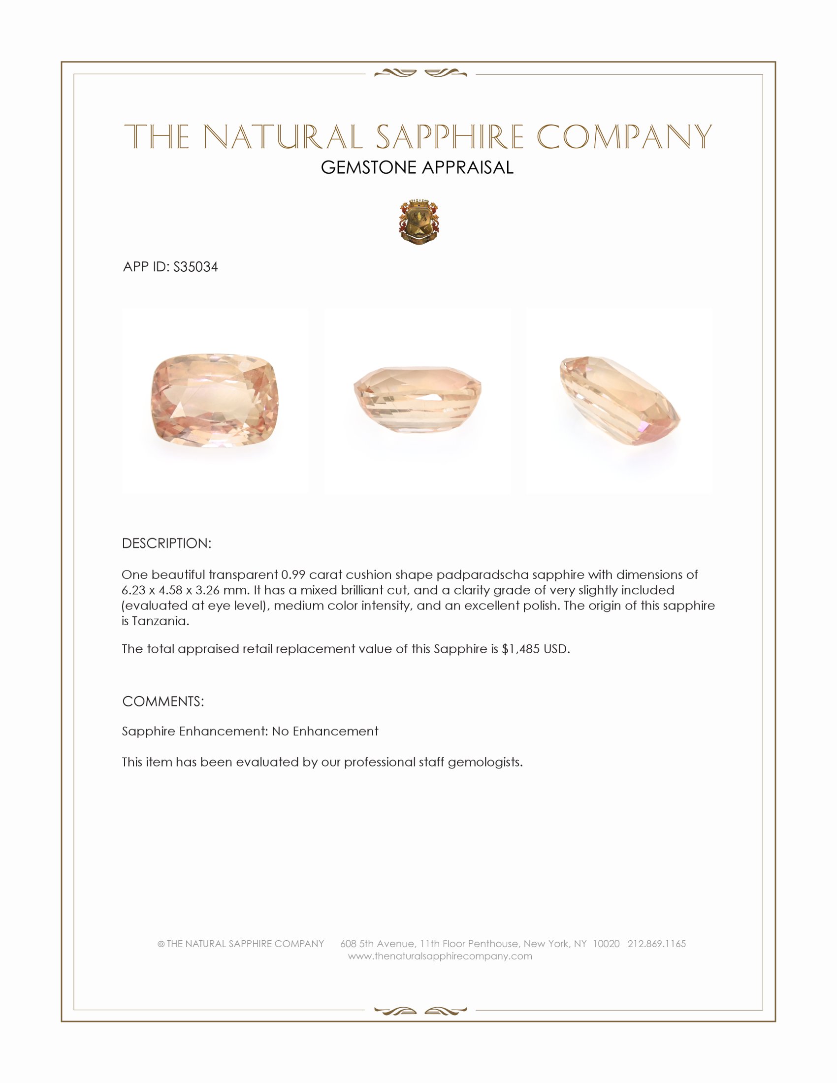 0.99 Ct. Padparadscha Sapphire from Tanzania