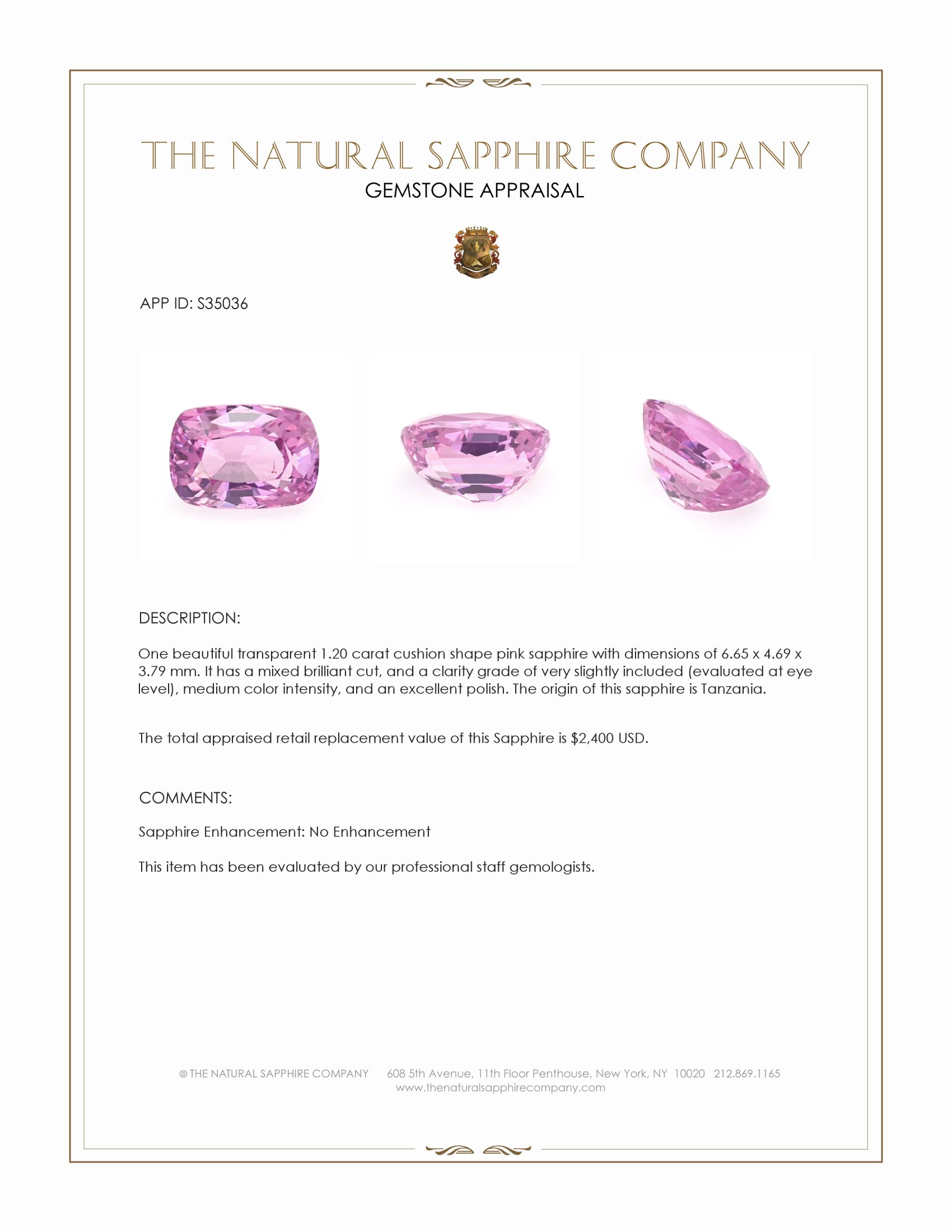 1.20 Ct. Pink Sapphire from Tanzania